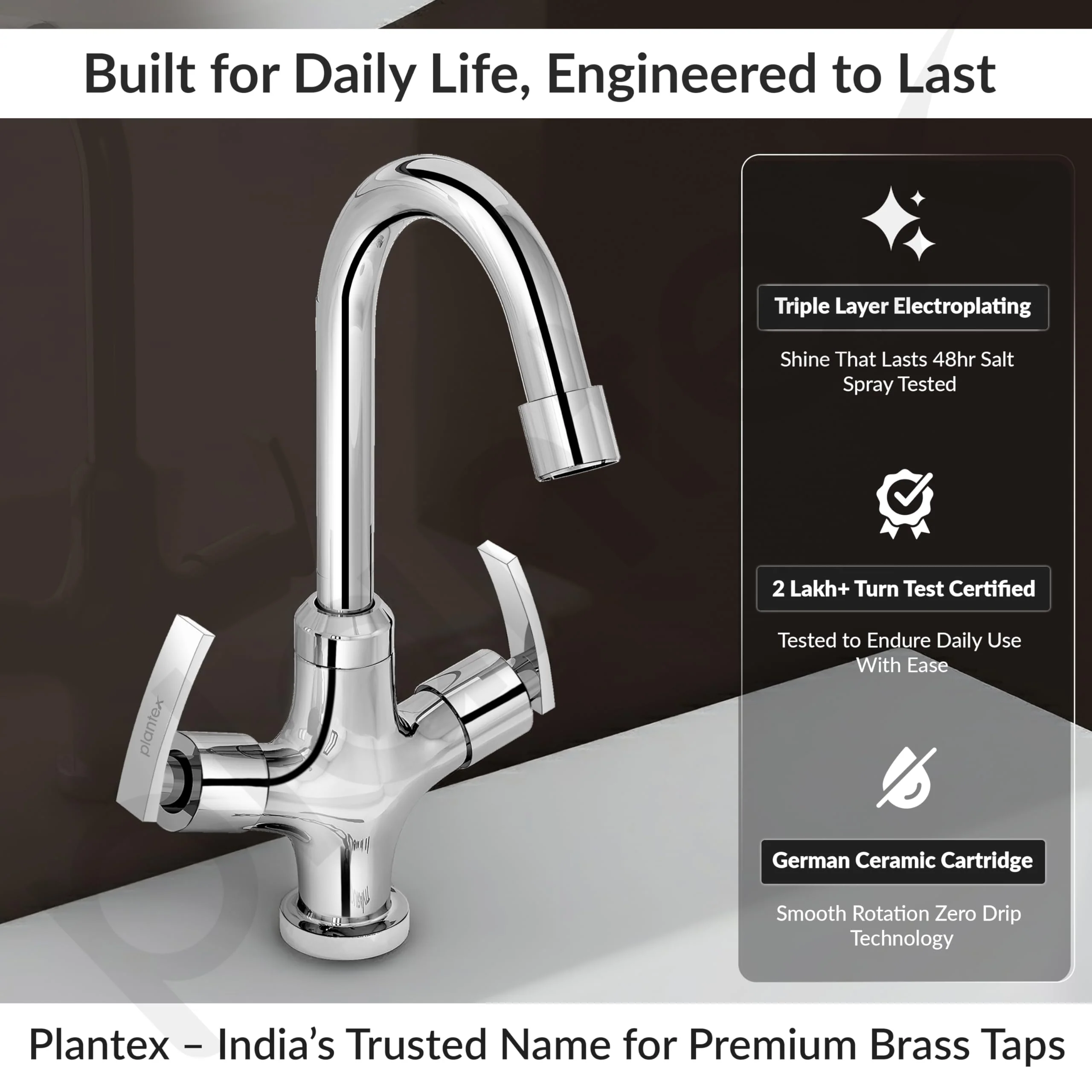 Plantex Pure Brass Wash Basin Tap/Hot & Cold with 360ยฐ Swivel Spout/Water Tap/Basin Tap for Home with 7 Year Warranty-(COL-1009-Chrome) - Image 2