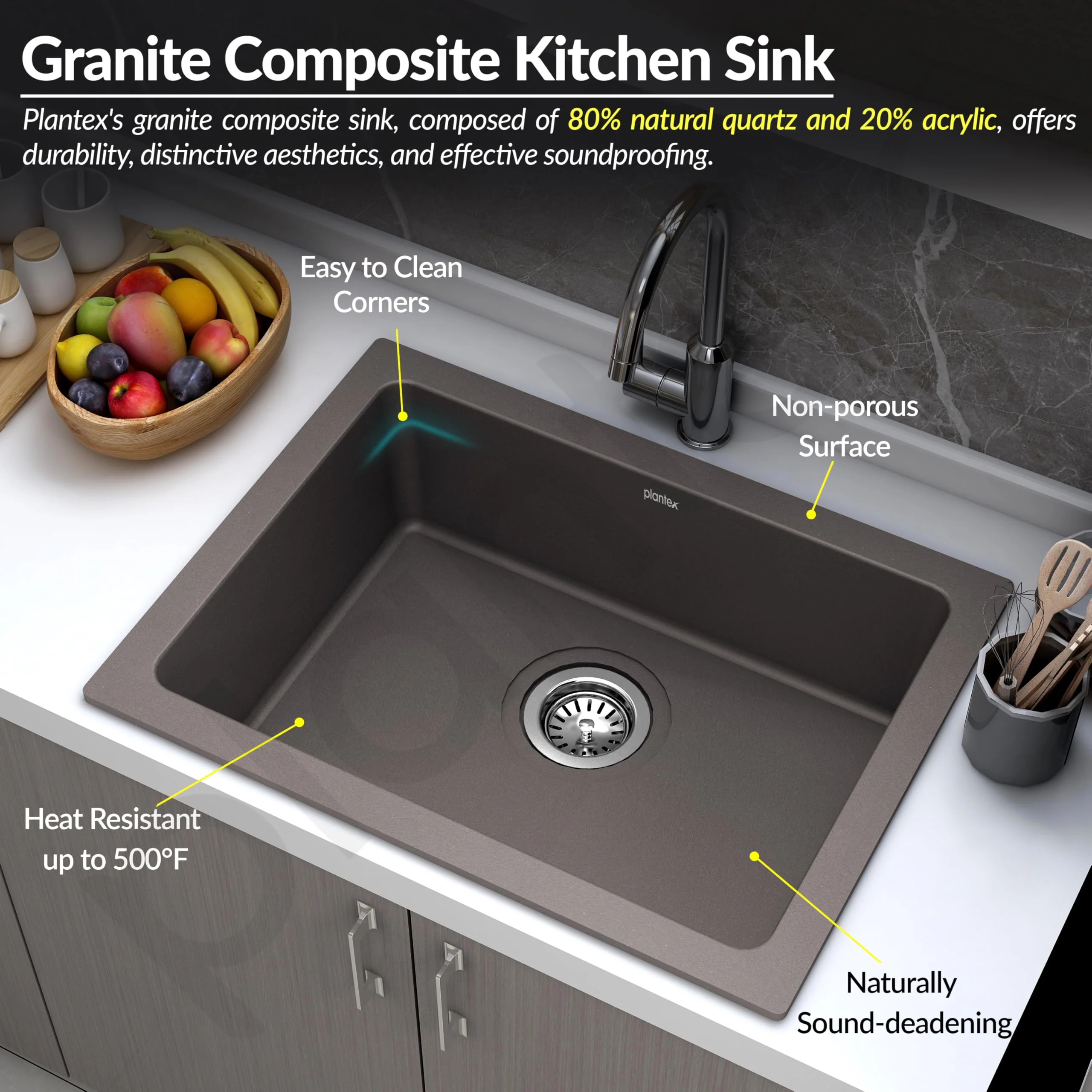 Plantex Quartz Acrylic Kitchen Sink/Undermount Sink for Kitchen with 10 Years Warranty by Plantex/Granite Single Bowl Kitchen Sinks with Coupling (Con-24x18 Inches) - Image 5
