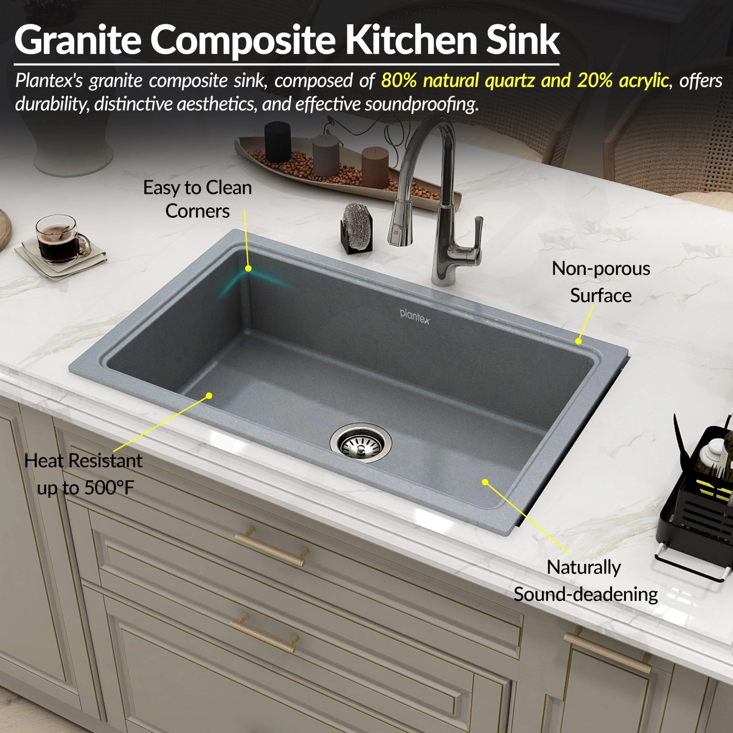 Plantex Quartz Acrylic Kitchen Sink with 10 Years Warranty by Plantex/Undermount Sink for Kitchen/Metalic Single Bowl Kitchen Sinks with Coupling (Lintus 32x20 Inches) - Image 6