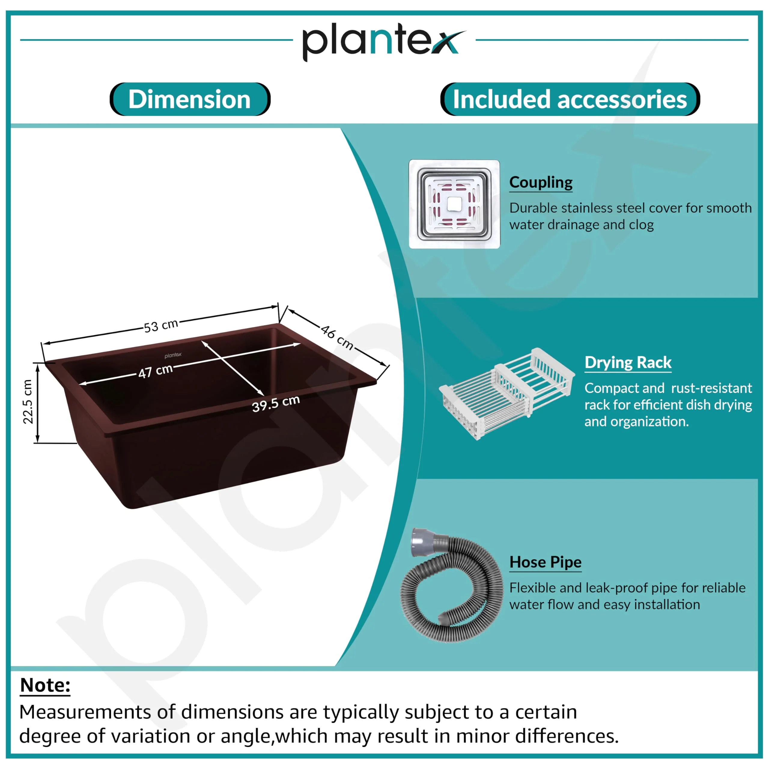 Plantex Quartz Kitchen Sink/UV Protected Kitchen Sink/Undermount Sink for Kitchen/Metalic Single Bowl Sink with Coupling and Hose Pipe - Pack of 1 (21 x 18 inch, Choco Brown) - Image 5