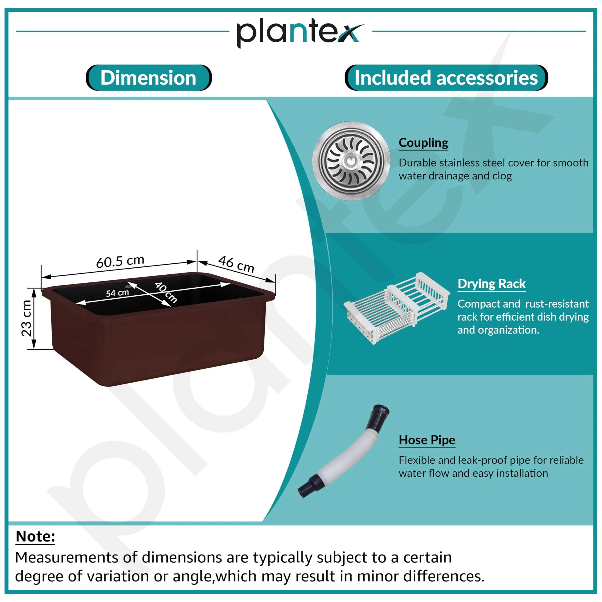Plantex Quartz Kitchen Sink/UV Protected Kitchen Sink/Undermount Sink for Kitchen/Metalic Single Bowl Sink with Coupling and Hose Pipe - Pack of 1 (24 x 18 inch, Choco Brown) - Image 6