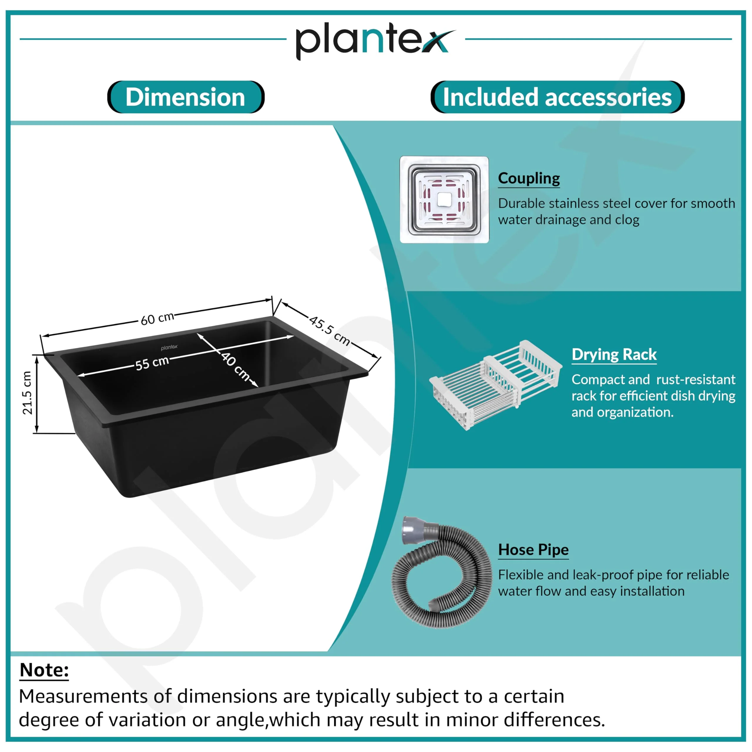 Plantex Quartz Sink for Kitchen/UV Protected Black Kitchen Sink/Granite Single Bowl Sinks/Undermount/Topmount (Black-24x18 Inches) - Image 5
