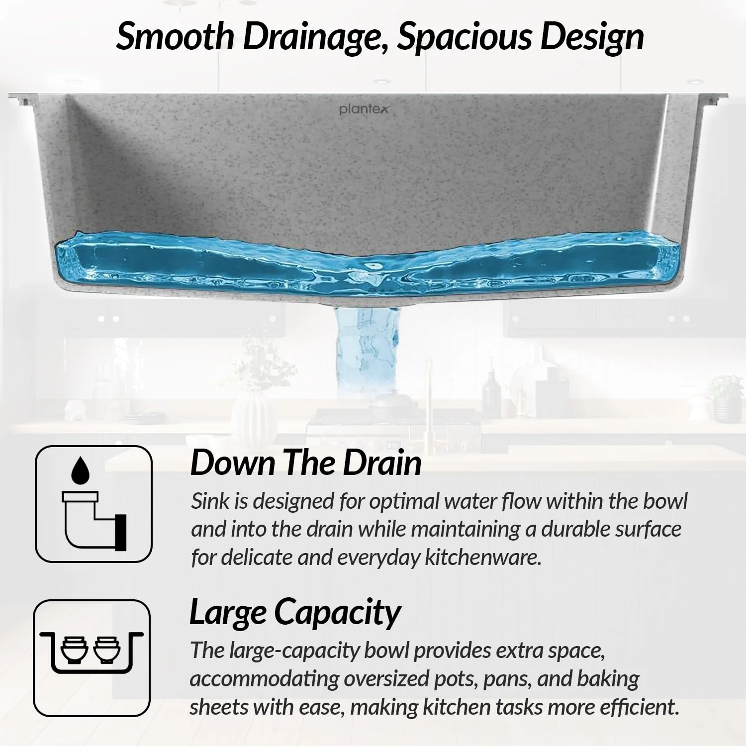 Plantex Quartz Sink for Kitchen/UV Protected Mosaic Grey Kitchen Sink/Granite Single Bowl Sink/Undermount/Topmount (Mosaic Grey-24x18 Inches) - Image 4