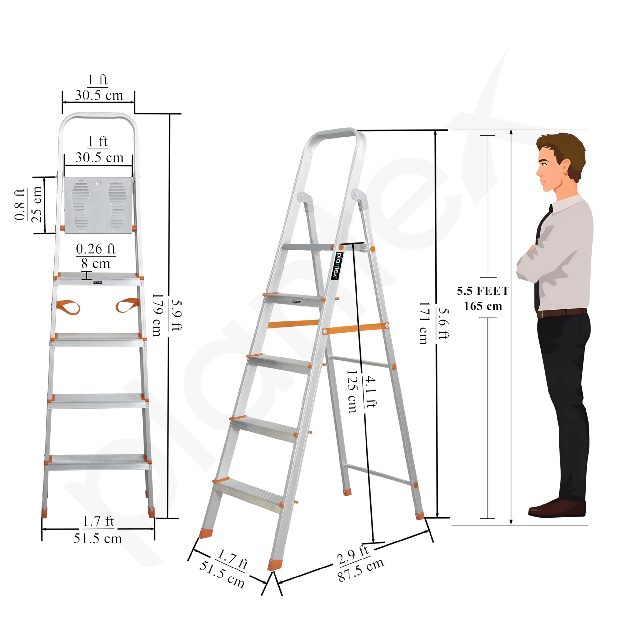 Plantex Restructured Legend Aluminium Folding 5 Step Ladder for Home - 5 Wide Step Ladder (Orange-Silver) - Image 3