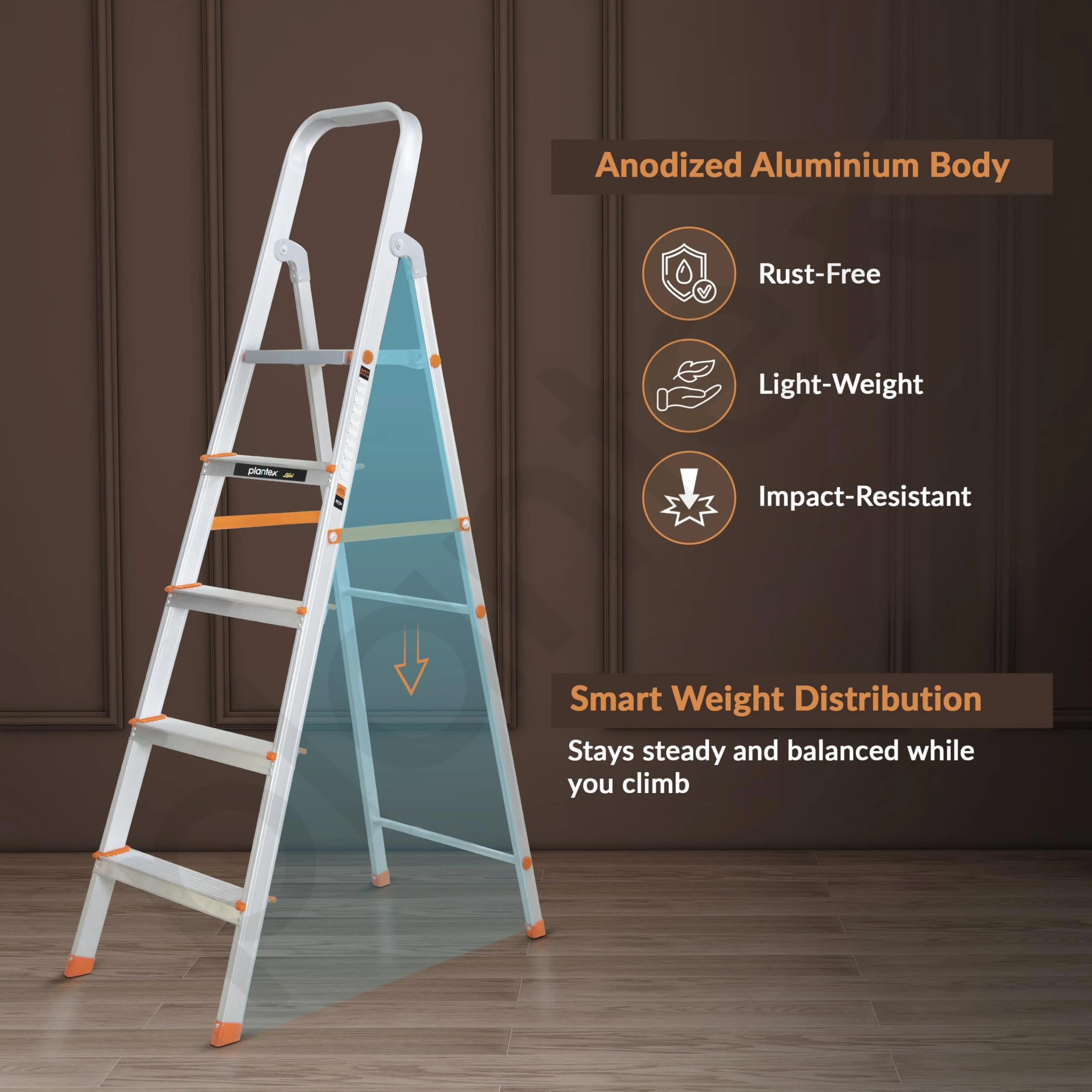 Plantex Restructured Legend Aluminium Folding 5 Step Ladder for Home - 5 Wide Step Ladder (Orange-Silver) - Image 5