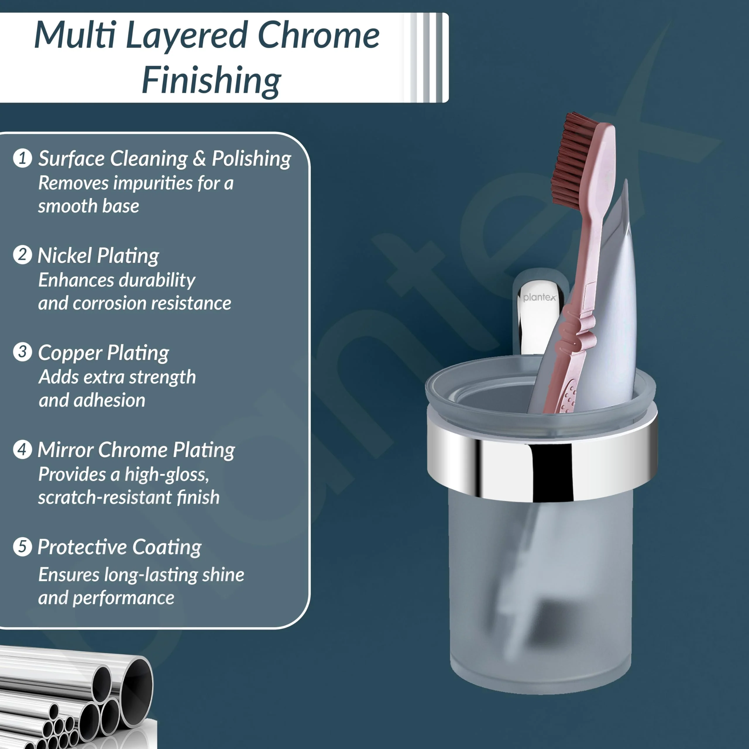 Plantex Rich Brass Bathroom Accessories - Unique Tooth Brush Holder/Tumbler Holder/Toothpaste Holder(Chrome) - Image 3