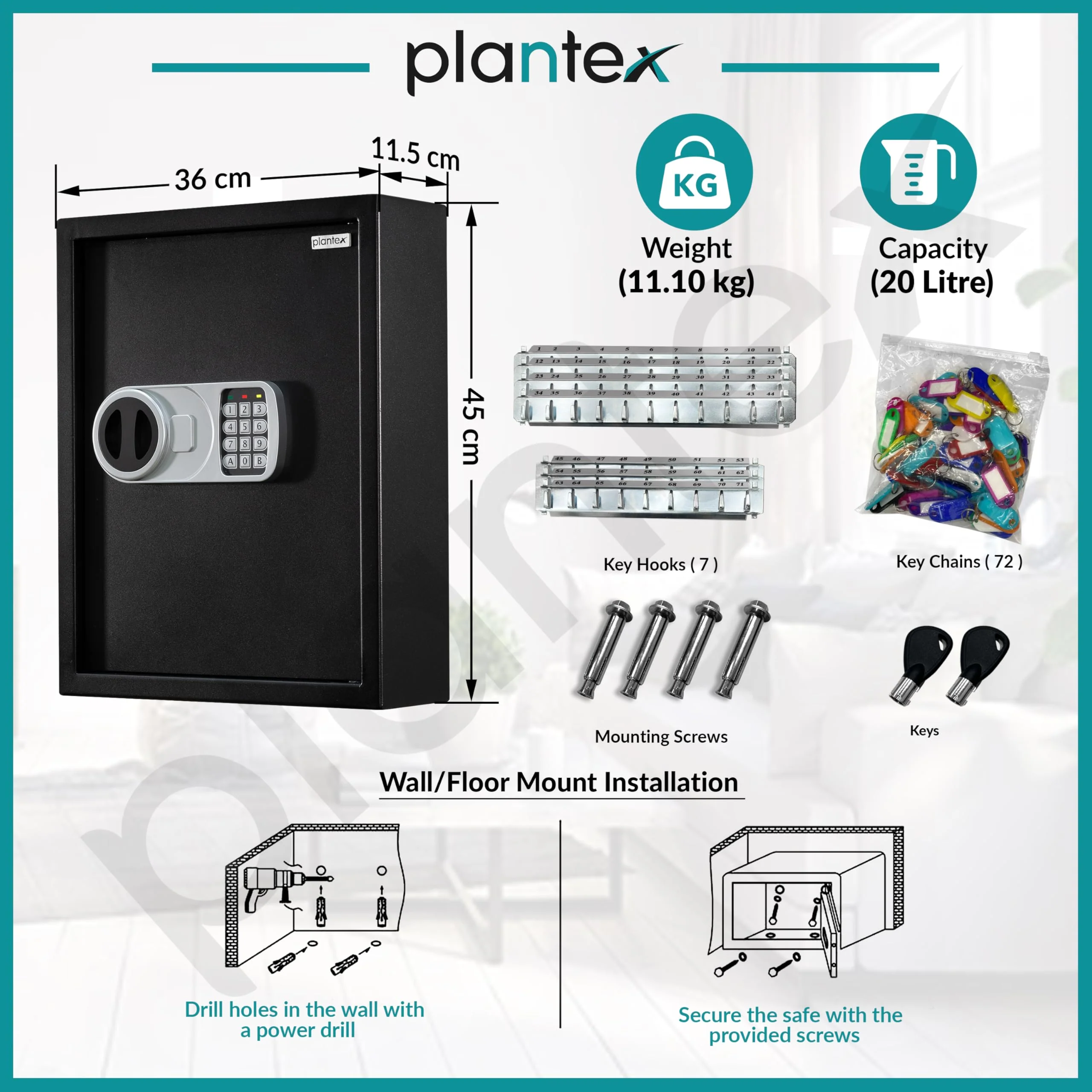 Plantex Safe Locker/Key Holder Locker Box For Home, Office,Hotel/Electronic Keypad/Dual Password Code Access Lock/LED Light/2 Years Warranty By Plantex - 20Litre/71 Keyhooks and Keychains - Black - Image 3