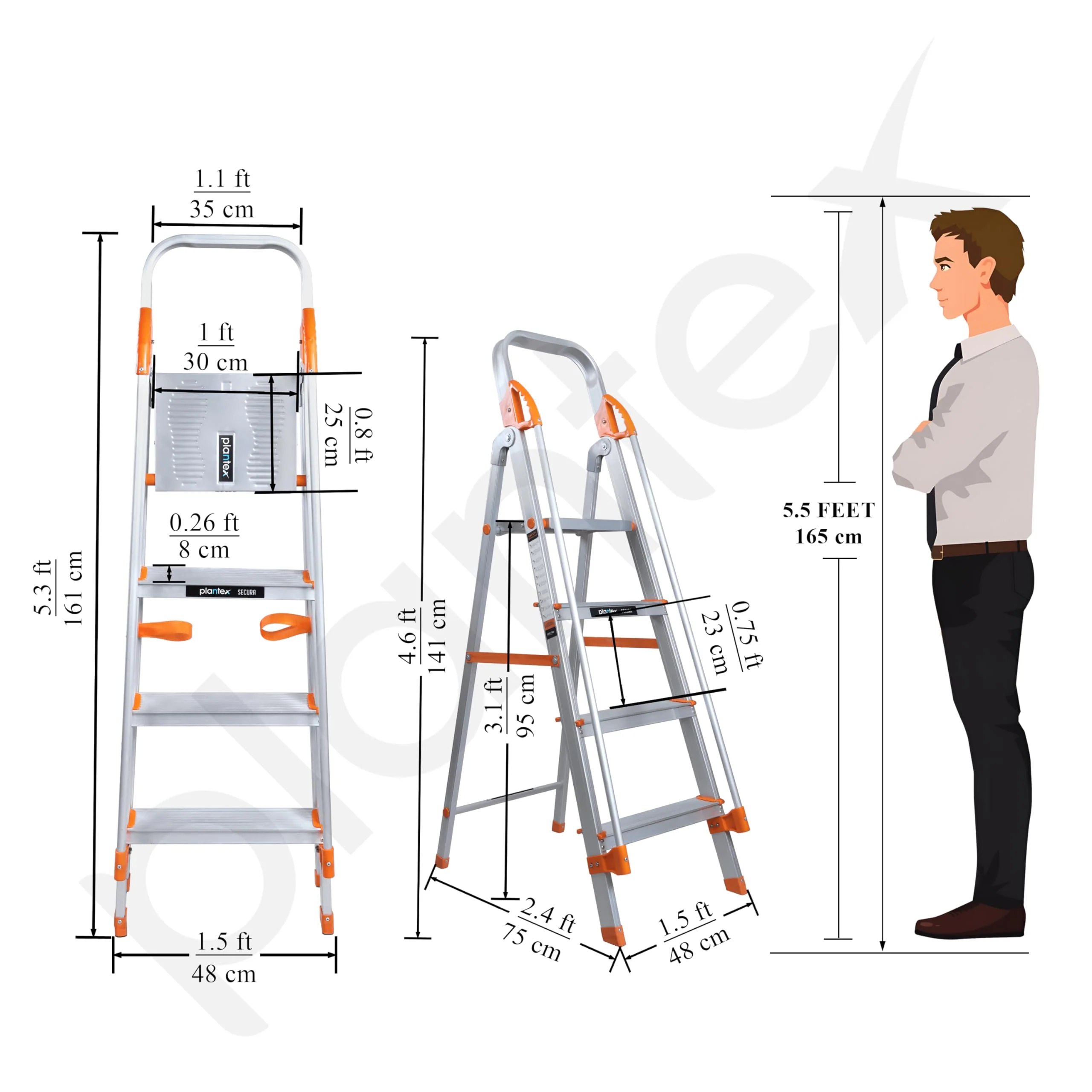 Plantex Secura 4 Step Ladder for Home/Aluminium Foldable Ladder with Safe Hand Rail (Orange-Silver) - Image 4