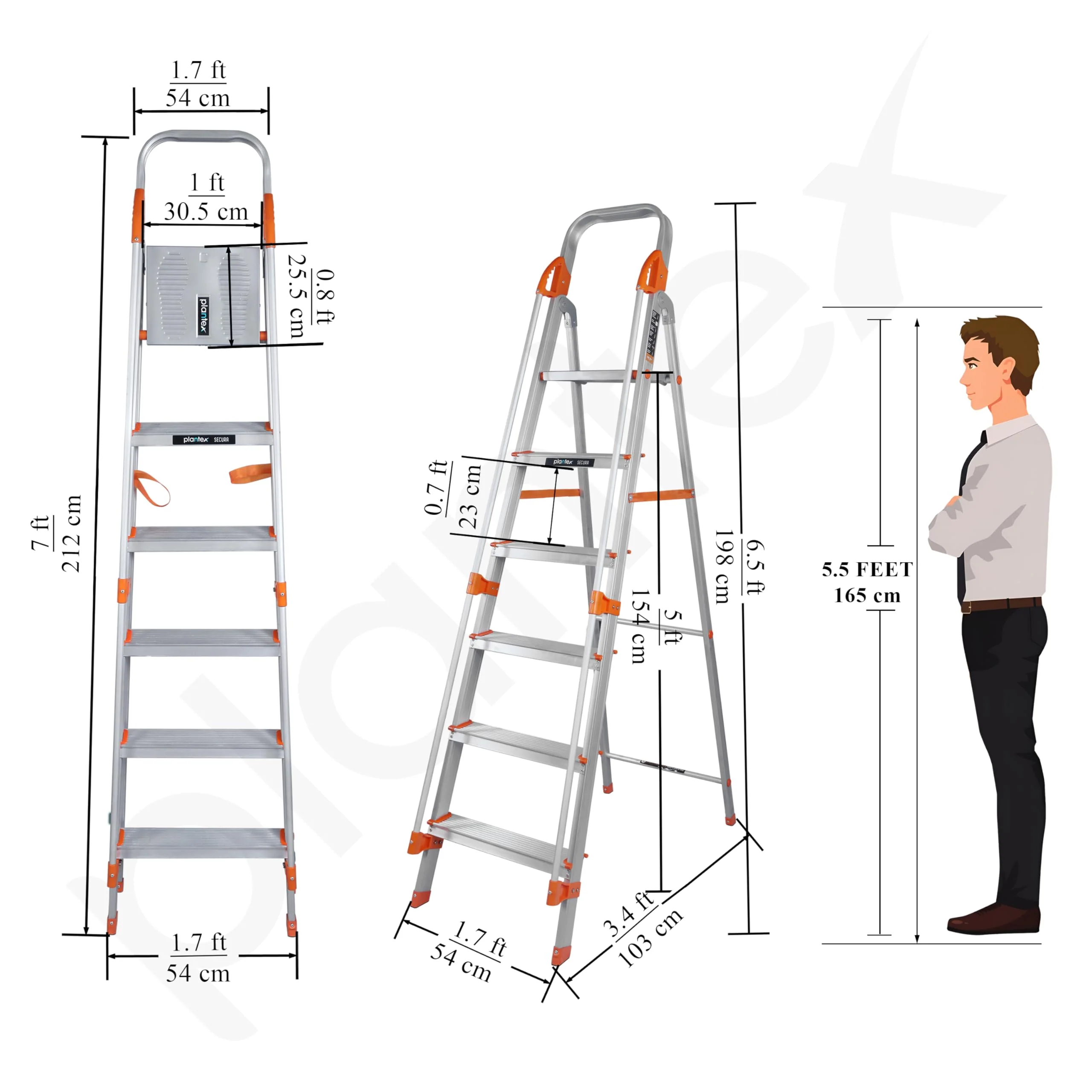 Plantex Secura 6 Step Aluminium Ladder for Home/Foldable Ladder with Safe Hand Rails/5 Year Manufacturer Warranty(Orange-Silver) - Image 3