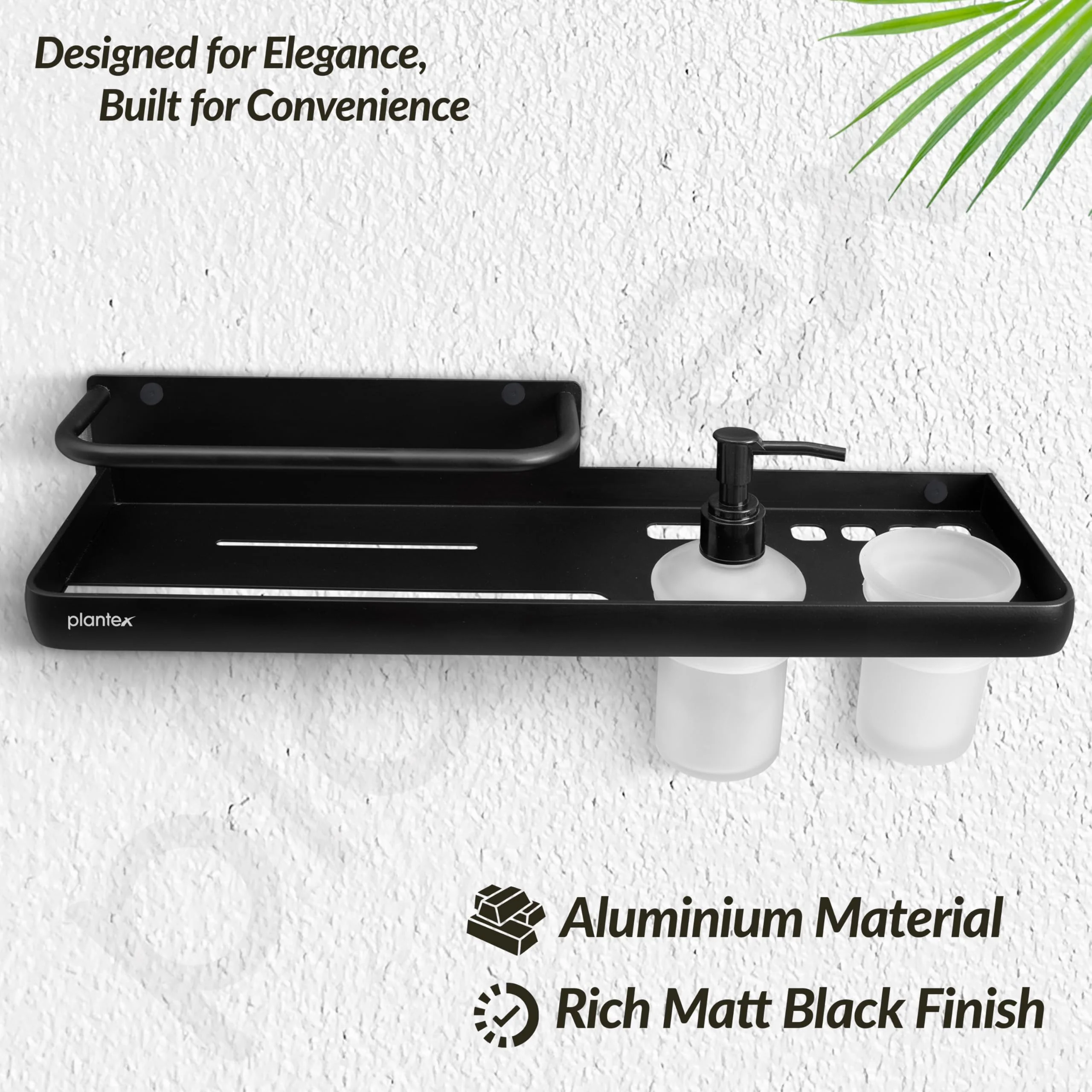 Plantex Self Adhesive 4in1 Shelf for Bathroom/Multifunctional Organizer with Tumbler Holder/Liquid Soap Dispenser/Napkin Holder/Bathroom Accessories Set (1514, Black) - Image 7