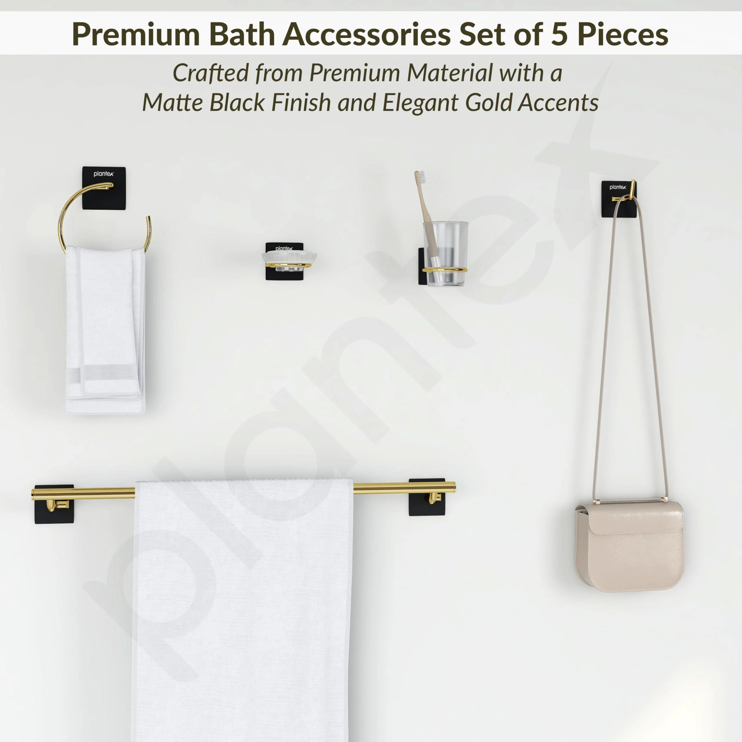 Plantex Self Adhesive Bathroom Accessories Set/Soap Holder/Tumbler Holder/Towel Rod/Napkin Holder/Robe Hook/Bathroom Accessories - Set of 5 (Matt Black & Gold) - Image 2