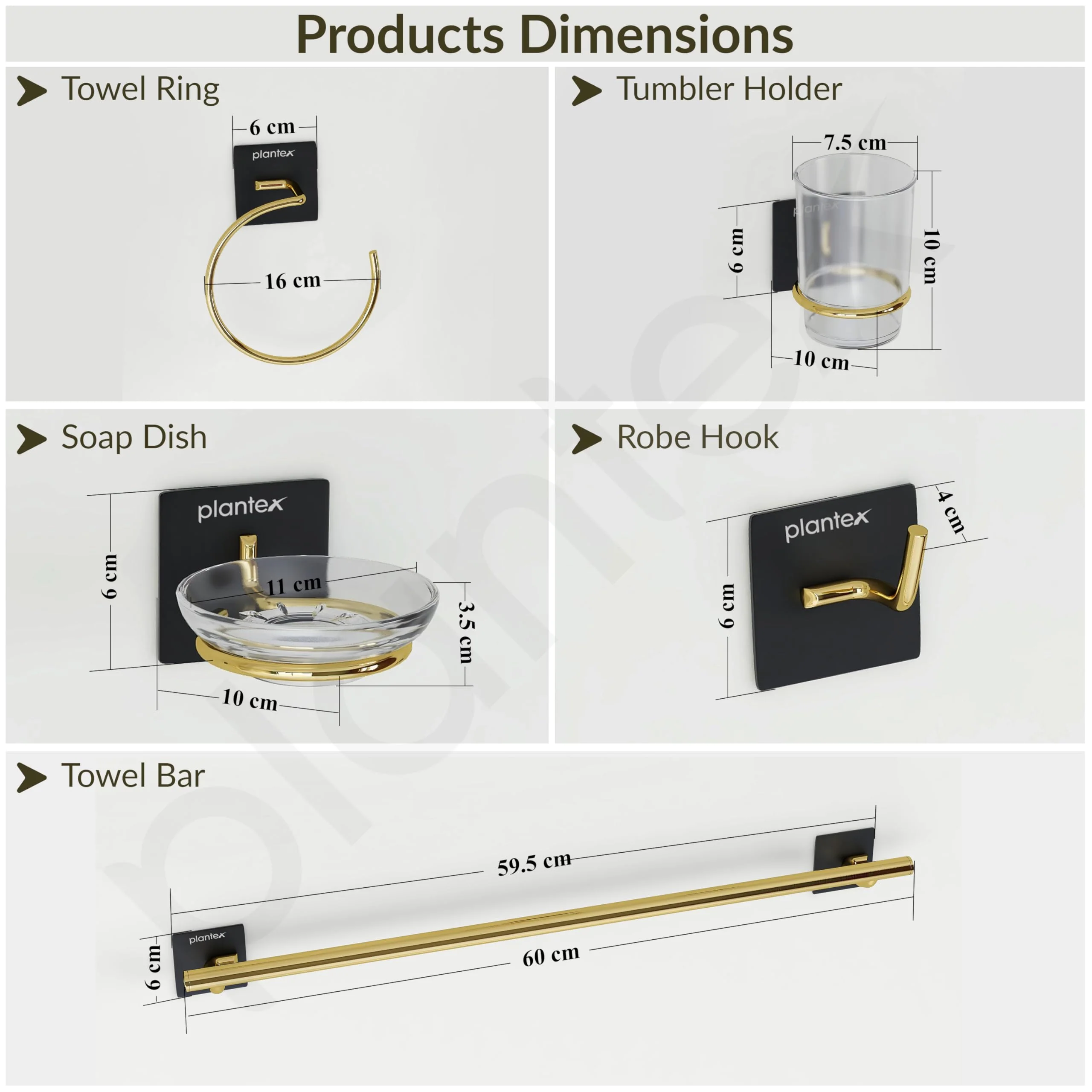Plantex Self Adhesive Bathroom Accessories Set/Soap Holder/Tumbler Holder/Towel Rod/Napkin Holder/Robe Hook/Bathroom Accessories - Set of 5 (Matt Black & Gold) - Image 3