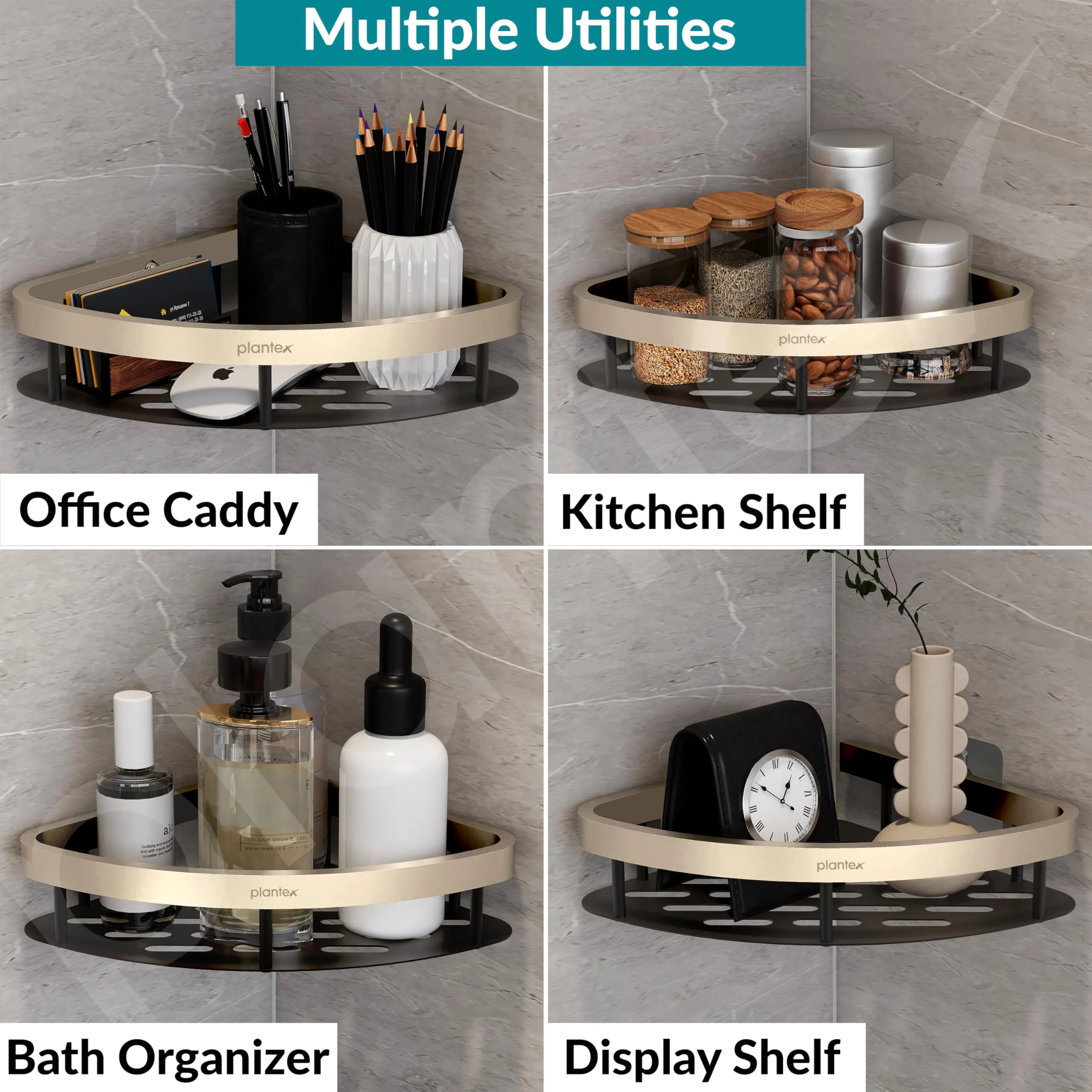 Plantex Self Adhesive Corner Shelf for Bathroom Wall/Aluminium & Stainless Steel Corner Rack/Storage Organizer/Bathroom Accessories Set- Pack of 4 (8 x 8 inch, Satin & Black) - Image 7