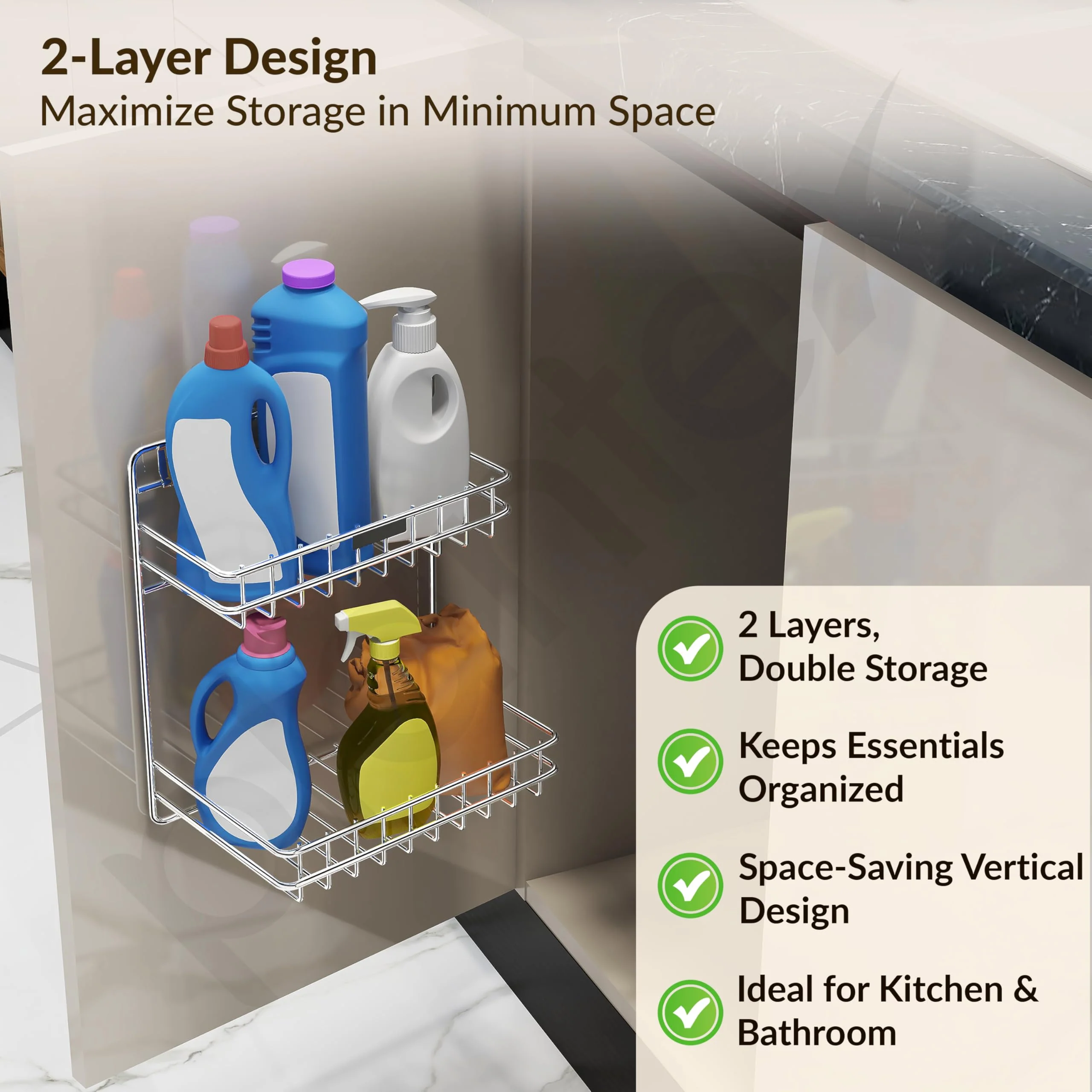Plantex Self Adhesive Stainless Steel Bathroom Detergent Holder/Bathroom Storage Rack/Shelf/Under The Sink Detergent Holder (Small,Chrome) - Image 3