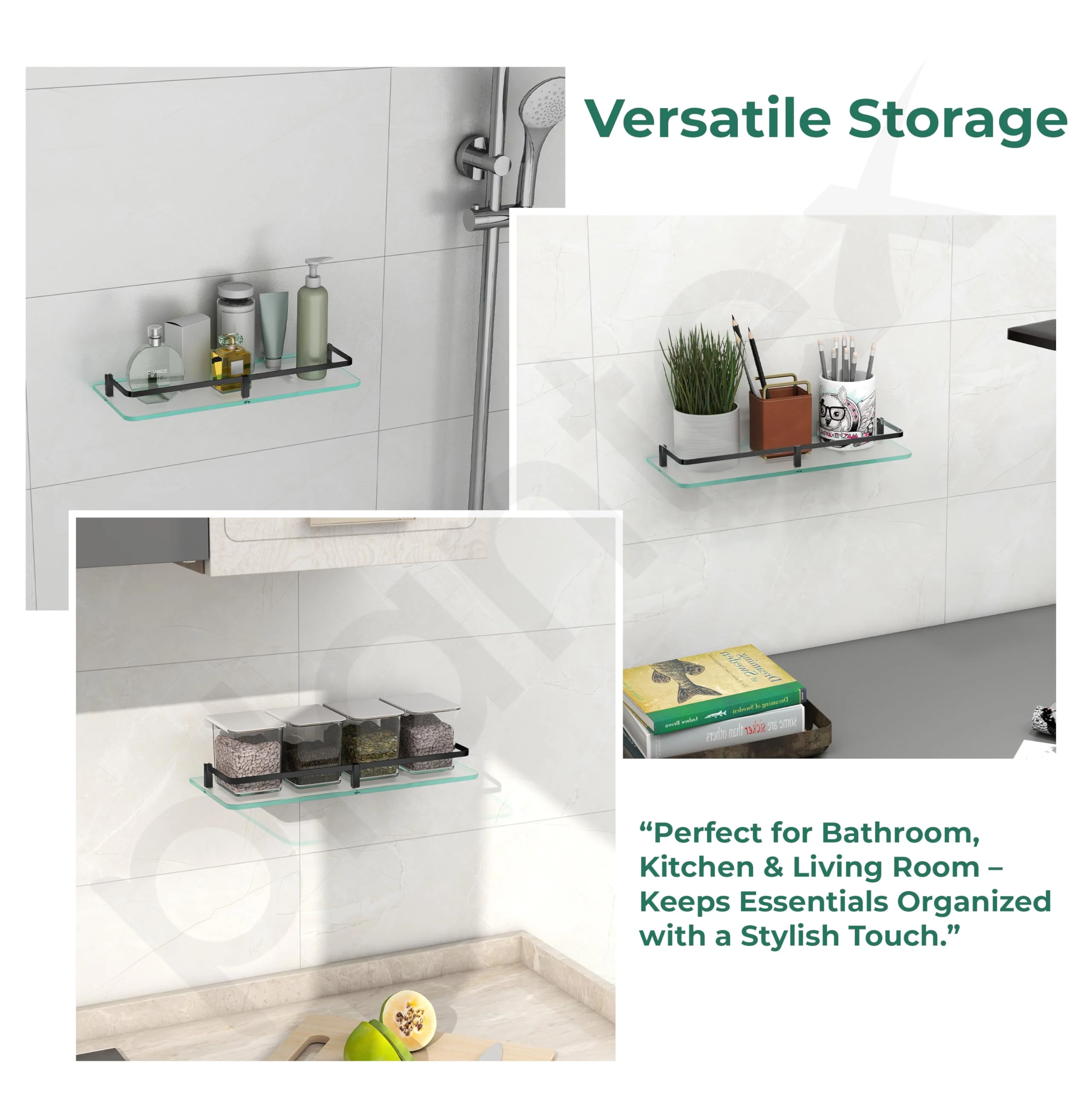 Plantex Shelf for Bathroom/Frosted Glass Shelf with Brass Railings and Brackets/Shelf for Bedroom/Living Room/Kitchen - Pack of 1 (15 x 6 inch, Black) - Image 7