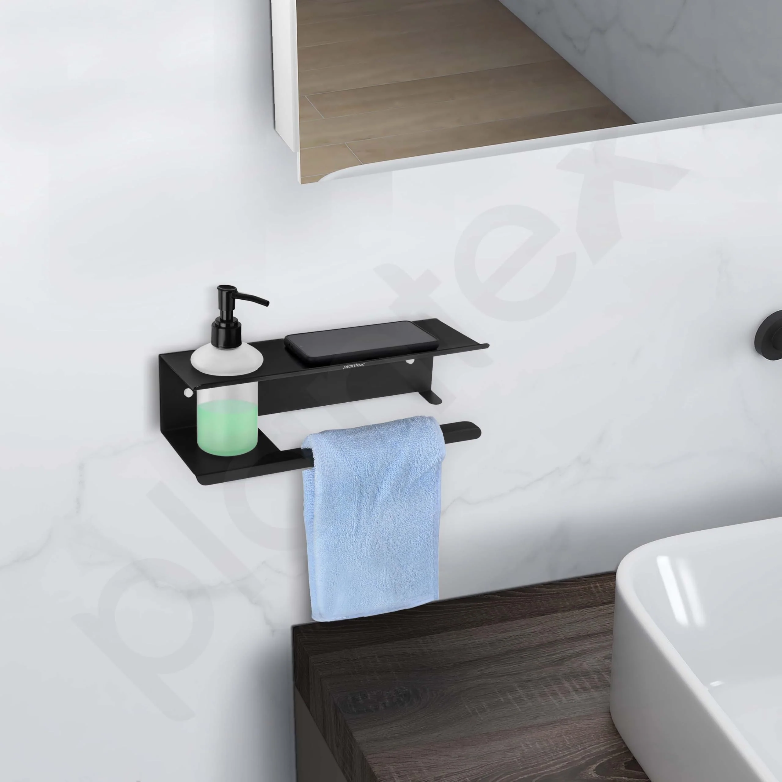 Plantex Shelf for Bathroom/Stainless Steel 3in1 Shelf/Liquid Soap Dispenser/Napkin Holder/Multipurpose Shelf for Home/Office/Hotel - Pack of 1 (Black) - Image 5