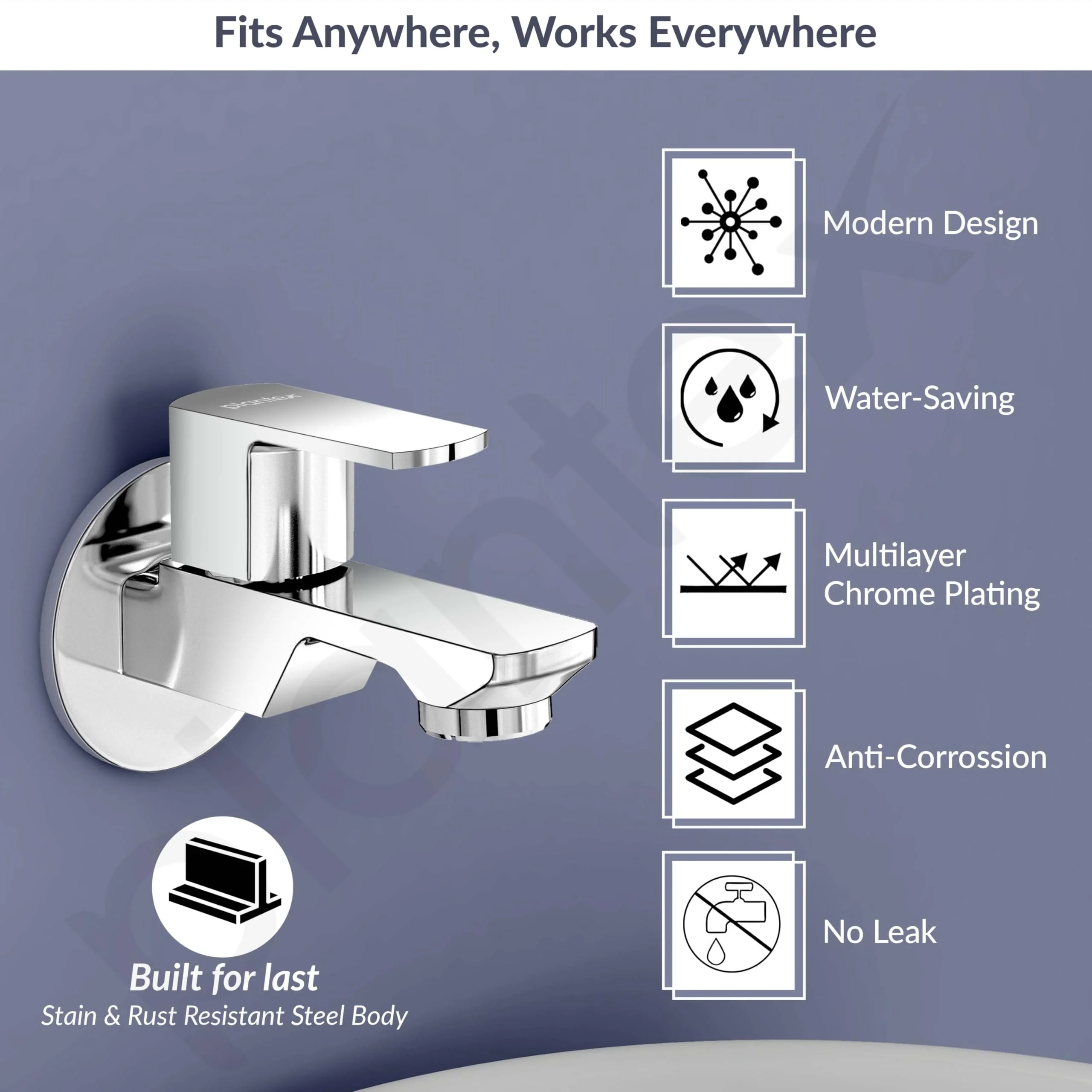 Plantex Single Lever Water Tap for Bathroom with Water-Saving Aerator/Wall Mount Bib Cock with Wall Flange and Teflon Tape/Brass Spindle Bib Tap for Home (Saga-1291-Chrome) - Image 3