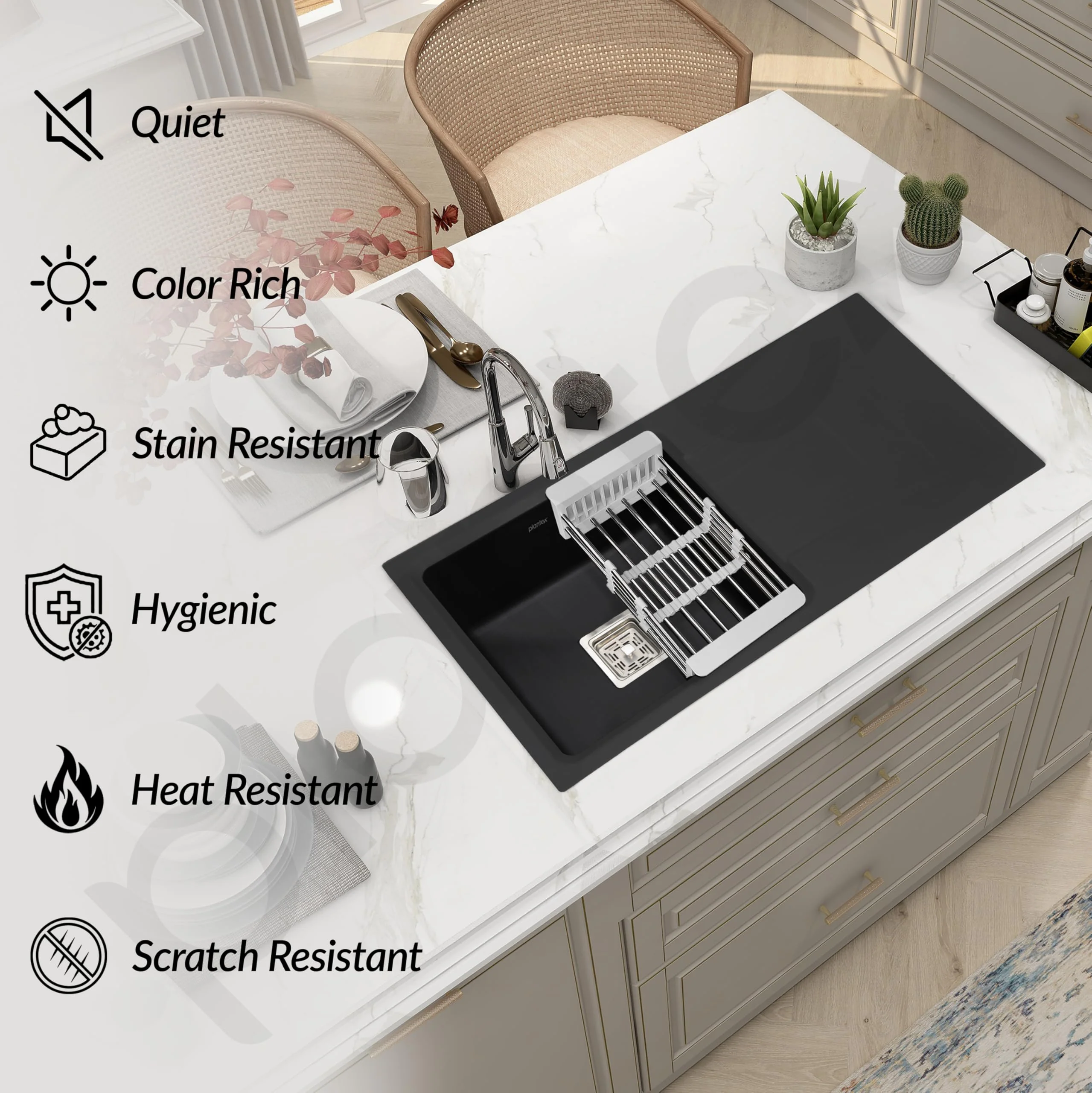Plantex Sink for Kitchen/Granite Quartz Single Bowl Kitchen Sink With Drain Board/Undermount/Top Mounted (Black-36x18 Inches) - Image 7