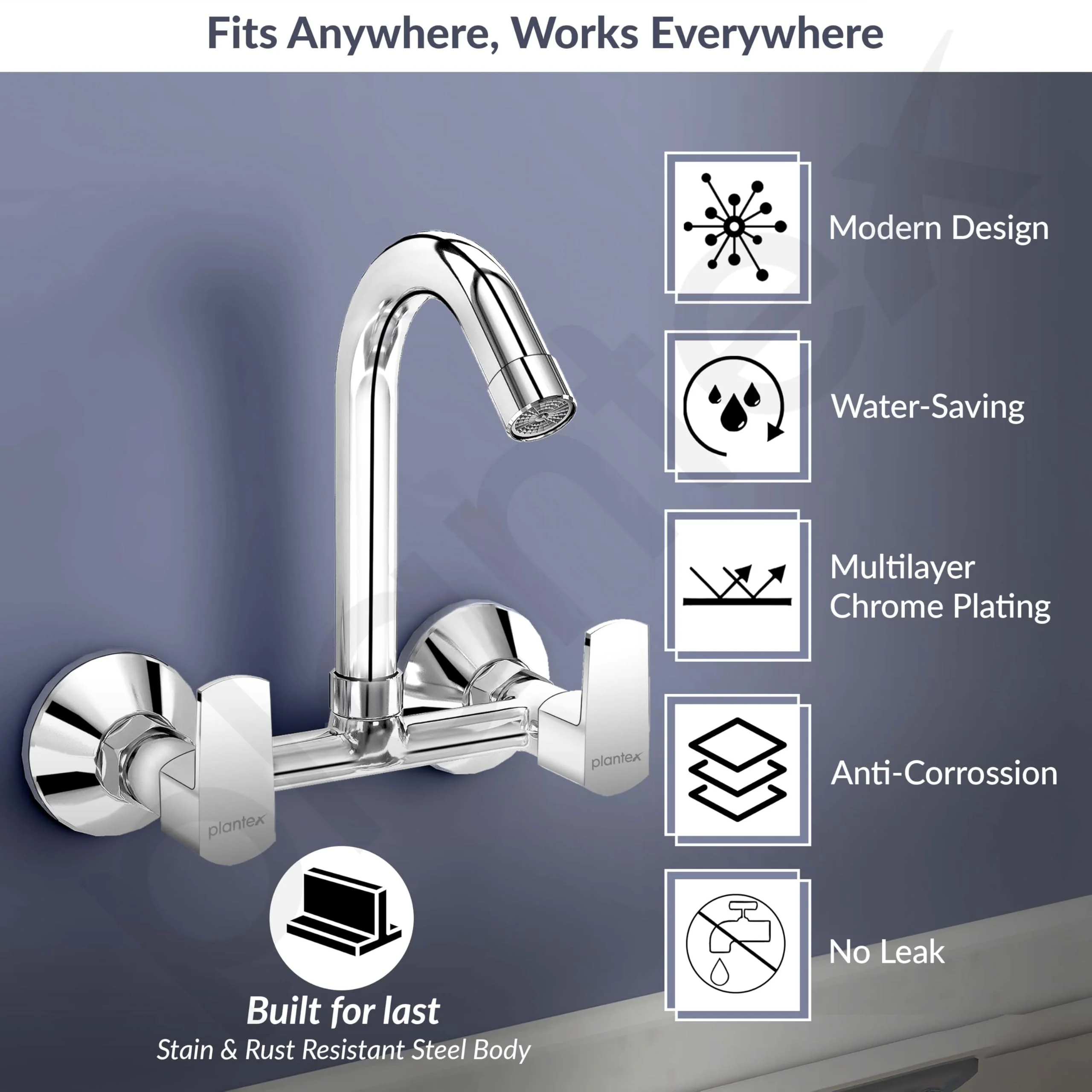 Plantex Sink Mixer Tap for Kitchen with 360° Swivel Spout/Hot and Cold Water Tap with Wall Flange and Teflon Tape/Brass Spindle Sink Tap (Saga-Chrome) - Image 4