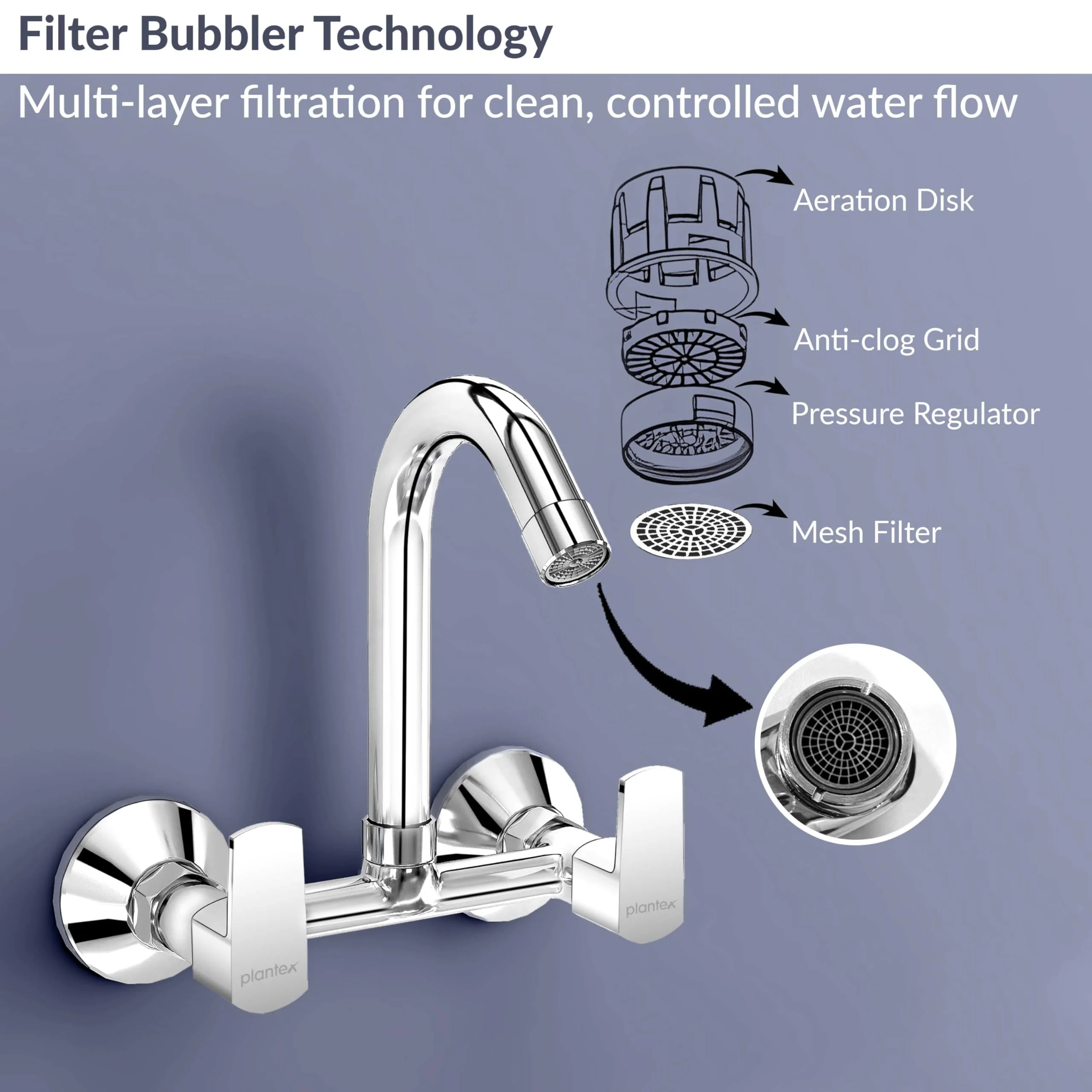 Plantex Sink Mixer Tap for Kitchen with 360° Swivel Spout/Hot and Cold Water Tap with Wall Flange and Teflon Tape/Brass Spindle Sink Tap (Saga-Chrome) - Image 5