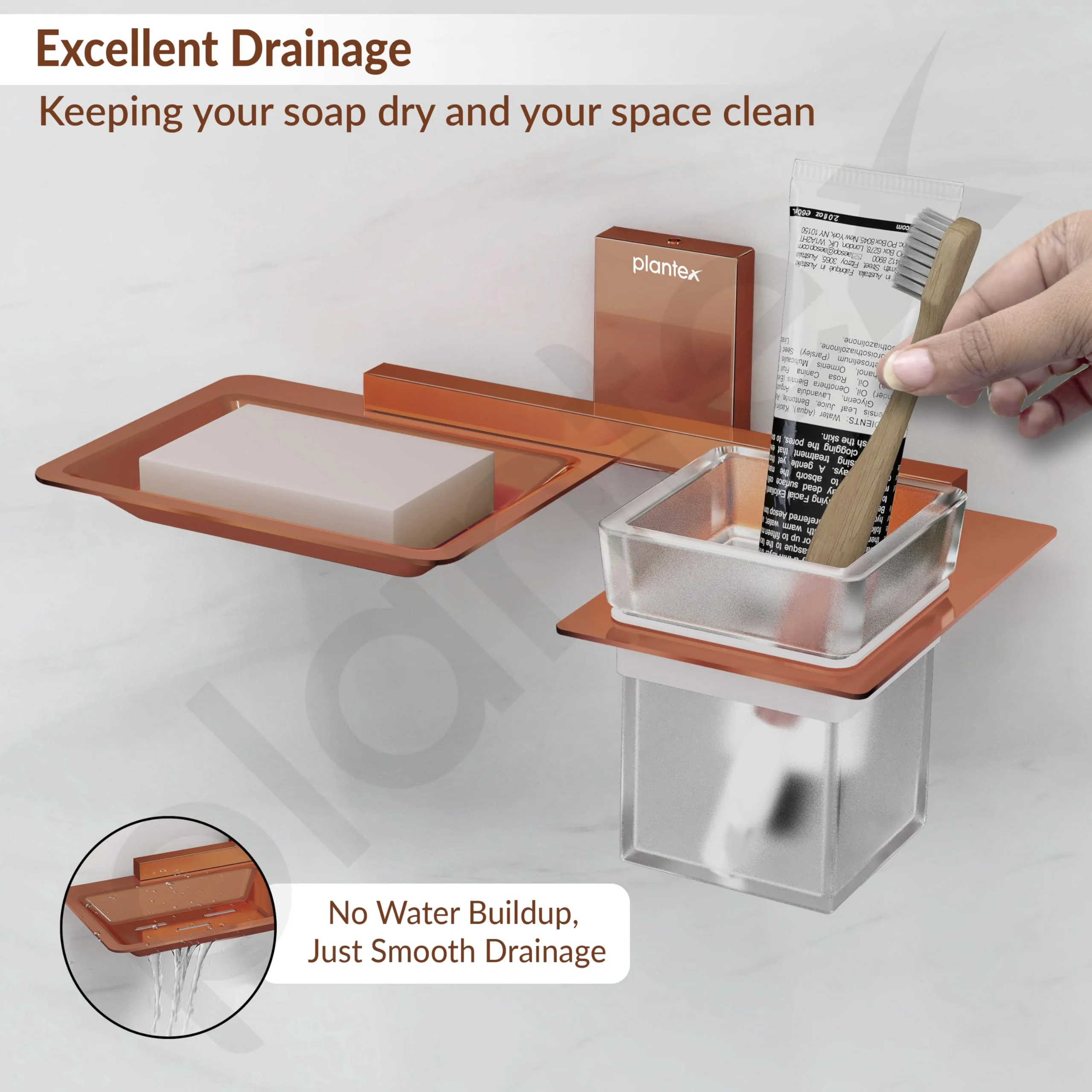 Plantex Soap Dish with Glass Toothbrush Holder for Bathroom/304 Grade Stainless Steel Soap Holder with Tumbler Holder/Soap Stand/Toothpaste Holder - Crystal (PVD Rose Gold) - Image 7