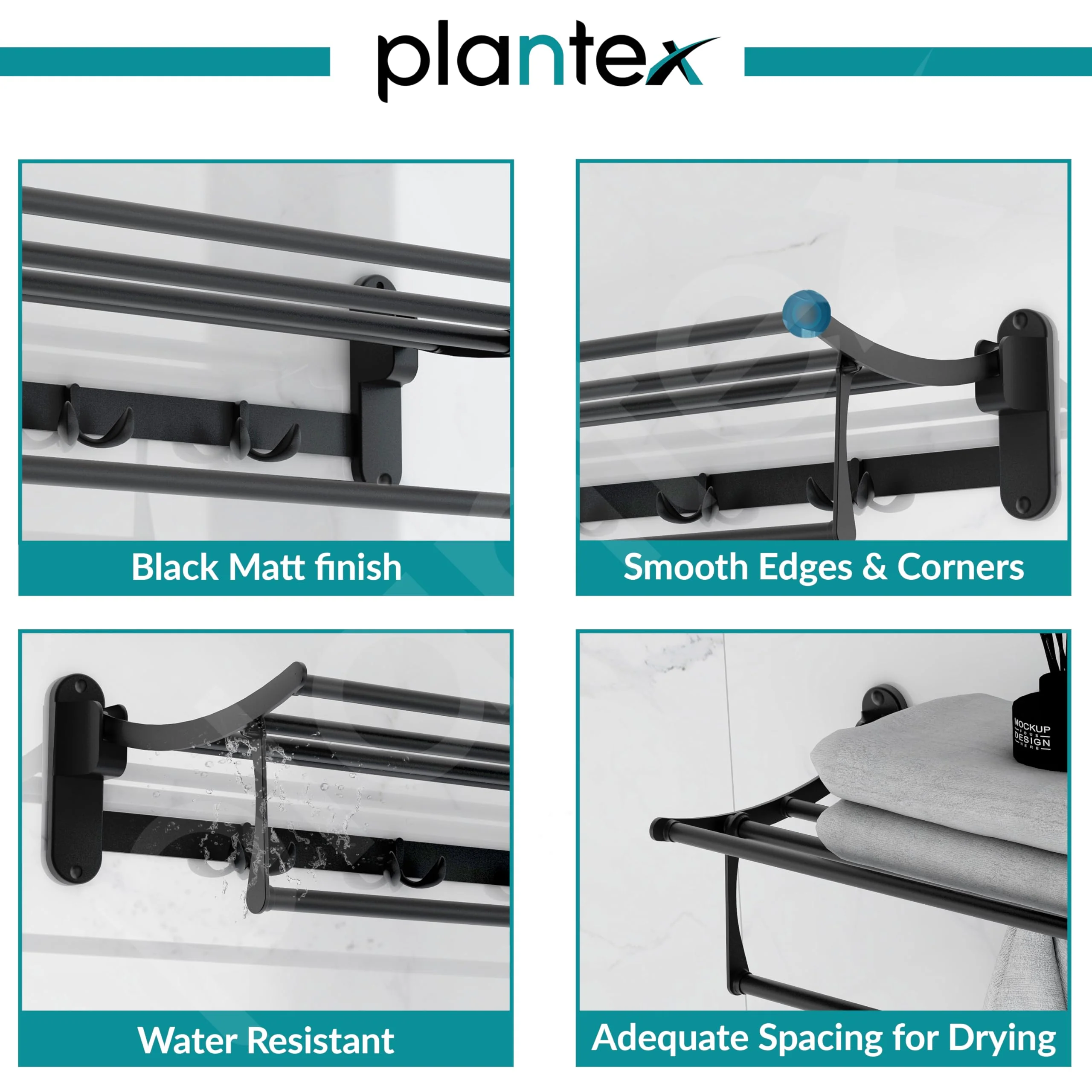 Plantex Stailness Steel Folding Towel Rack for Bathroom/Towel Rod with Hooks/Towel Stand/Towel Holder/Bathroom Accessories (24 inch) Matt Black - Image 2