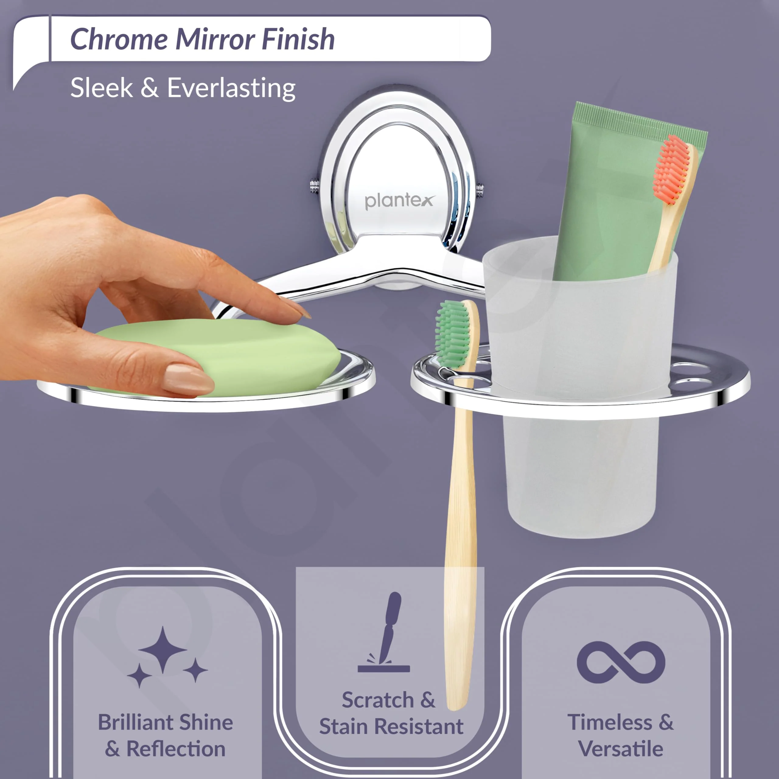 Plantex Stainless Steel 304 Grade 2 in1 Soap Dish with Tumbler Holder/Soap Stand/Tooth Brush Holder/Bathroom Accessories (Cubic - Chrome) - Image 3
