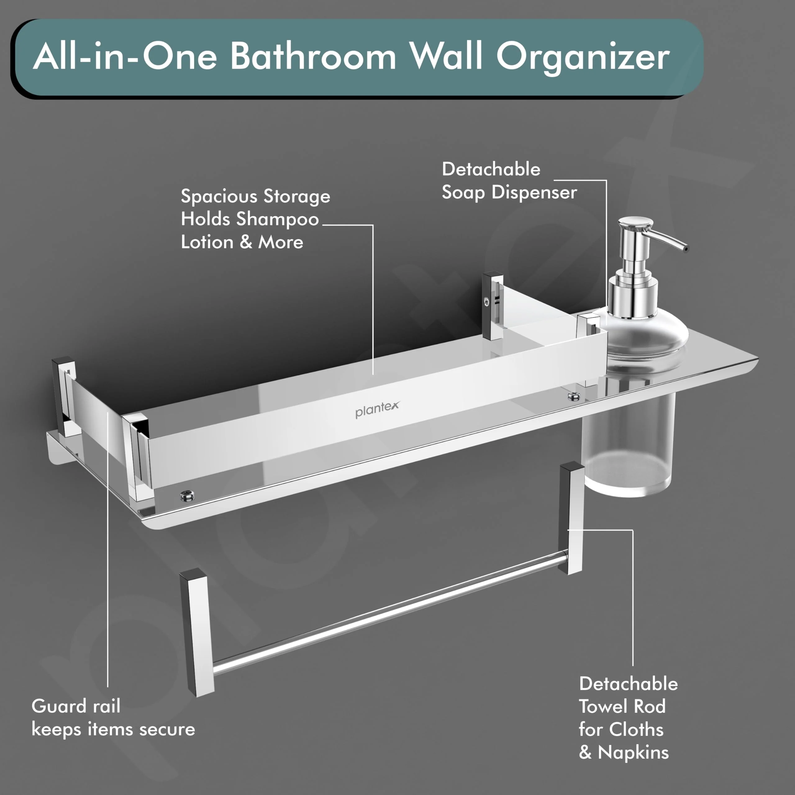 Plantex Stainless Steel 3in1 Multipurpose Bathroom Rack/Shelf with soap Dispenser and Towel Holder - Bathroom Accessories (15x6 Inches), Silver, Set of 1 - Image 2