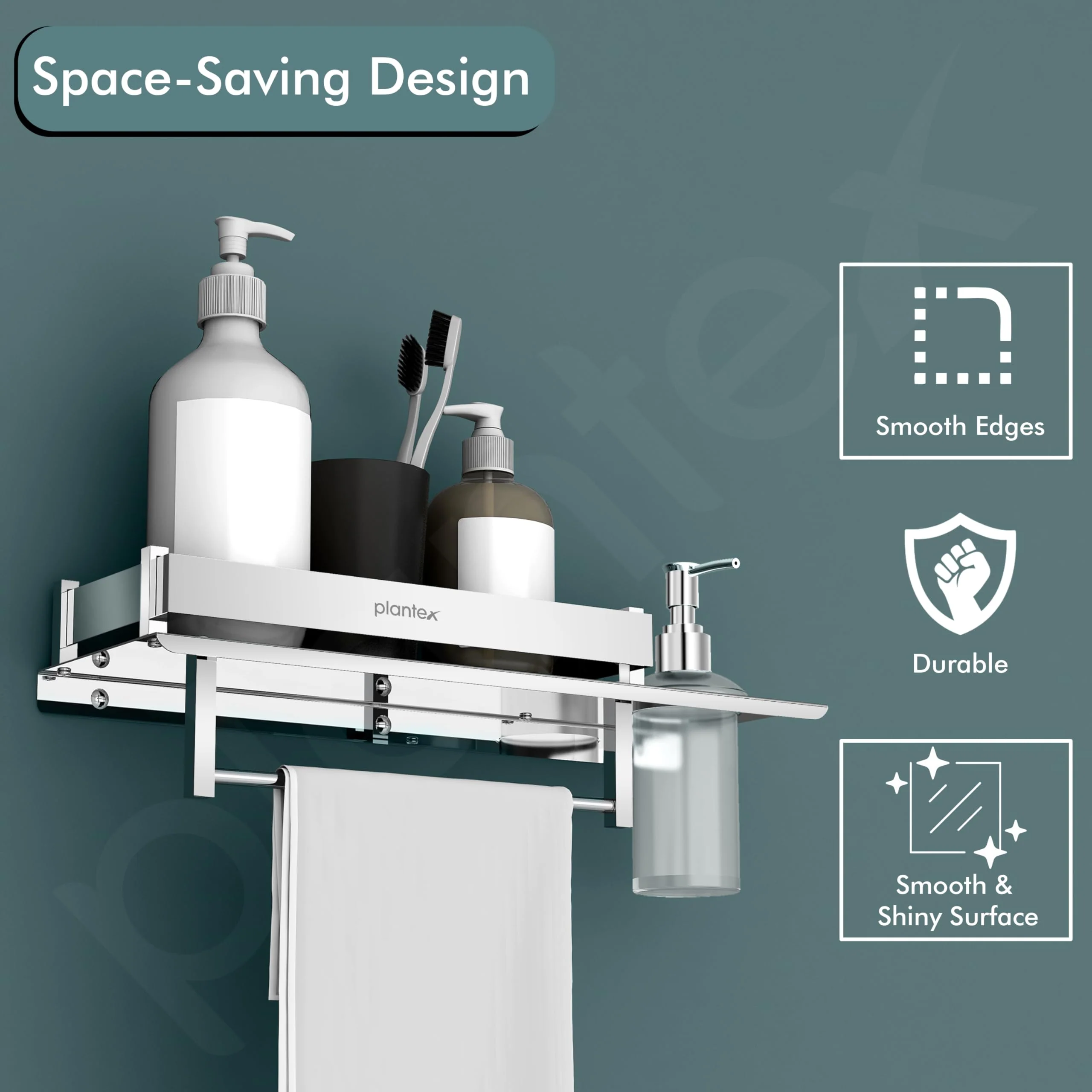 Plantex Stainless Steel 3in1 Multipurpose Bathroom Rack/Shelf with soap Dispenser and Towel Holder - Bathroom Accessories (15x6 Inches), Silver, Set of 1 - Image 4