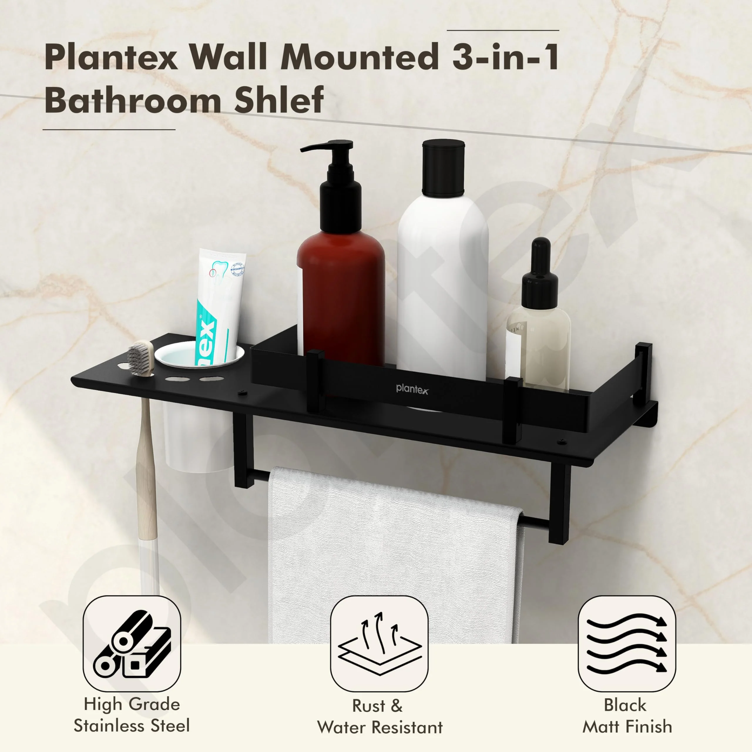 Plantex Stainless Steel 3in1 Multipurpose Bathroom Shelf/Rack/Towel Hanger/Tumbler Holder/Bathroom Accessories (15 x 6 Inches-Matt Black) - Image 3