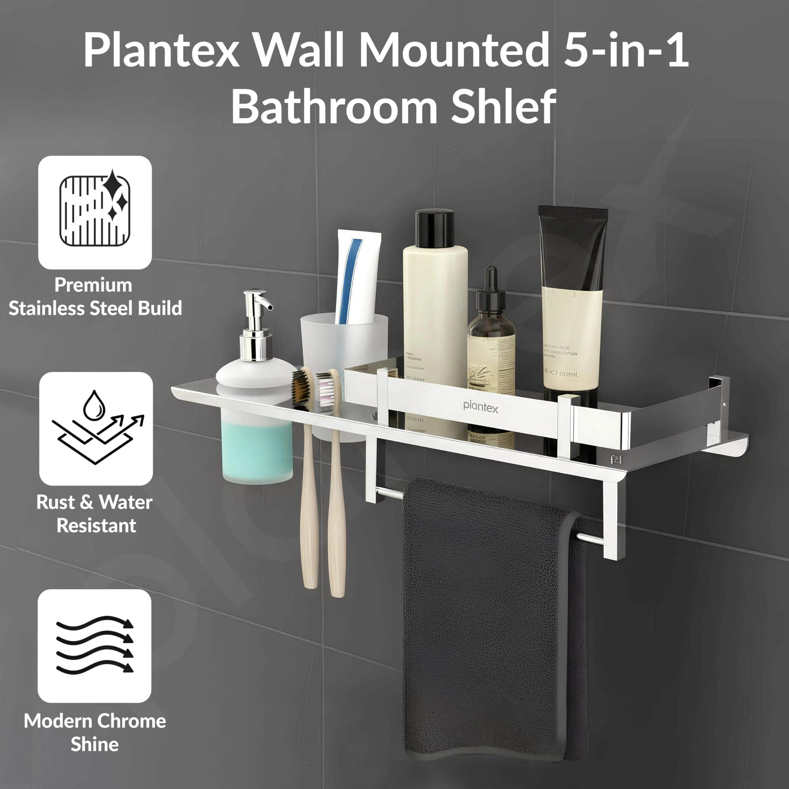 Plantex Stainless Steel 4in1 Multipurpose Bathroom Shelf/Bathroom Steel Rack with Tumbler Holder, Towel Rod and Liquid Soap Dispenser Chrome (18x5 inches) - Image 3