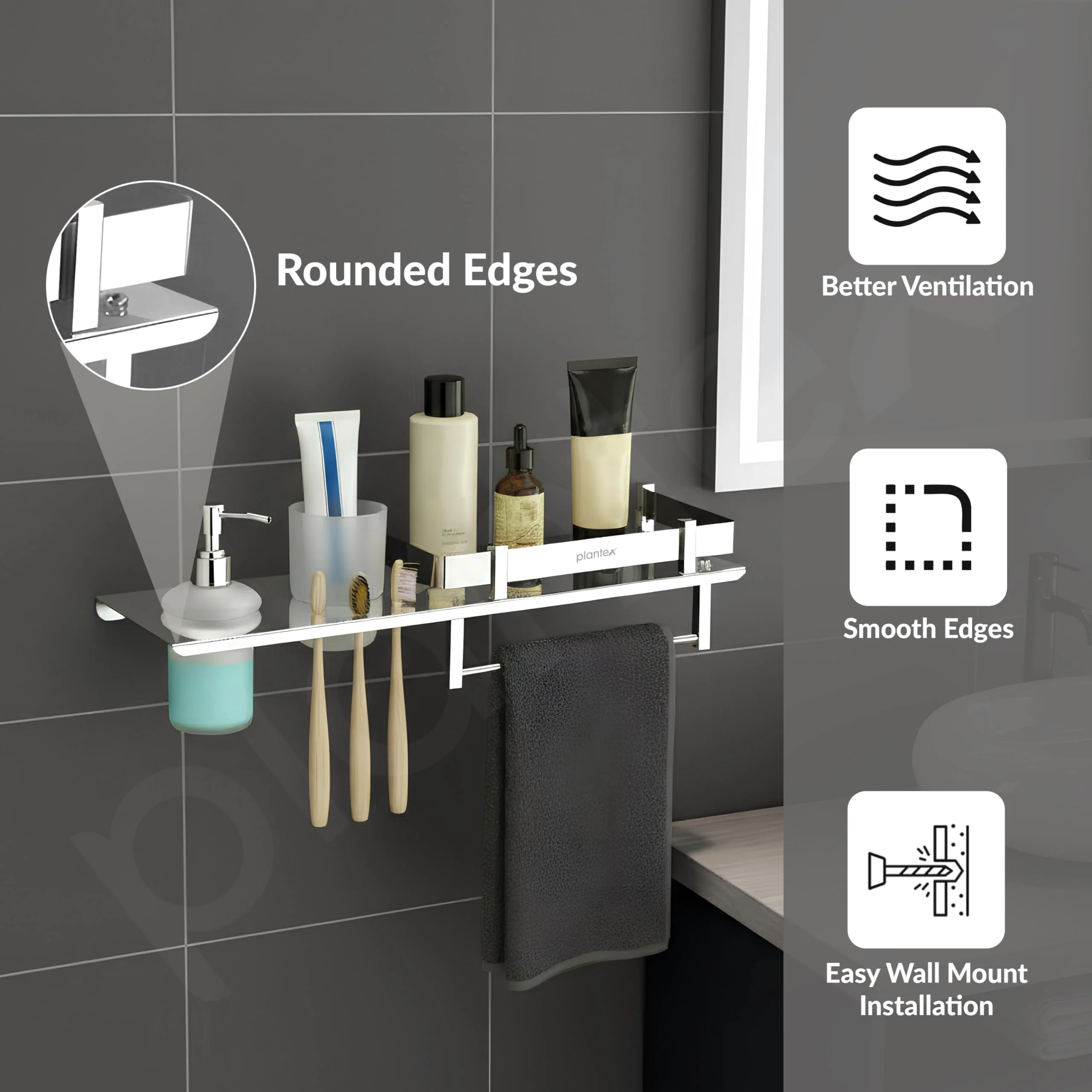 Plantex Stainless Steel 4in1 Multipurpose Bathroom Shelf/Bathroom Steel Rack with Tumbler Holder, Towel Rod and Liquid Soap Dispenser Chrome (18x5 inches) - Image 5