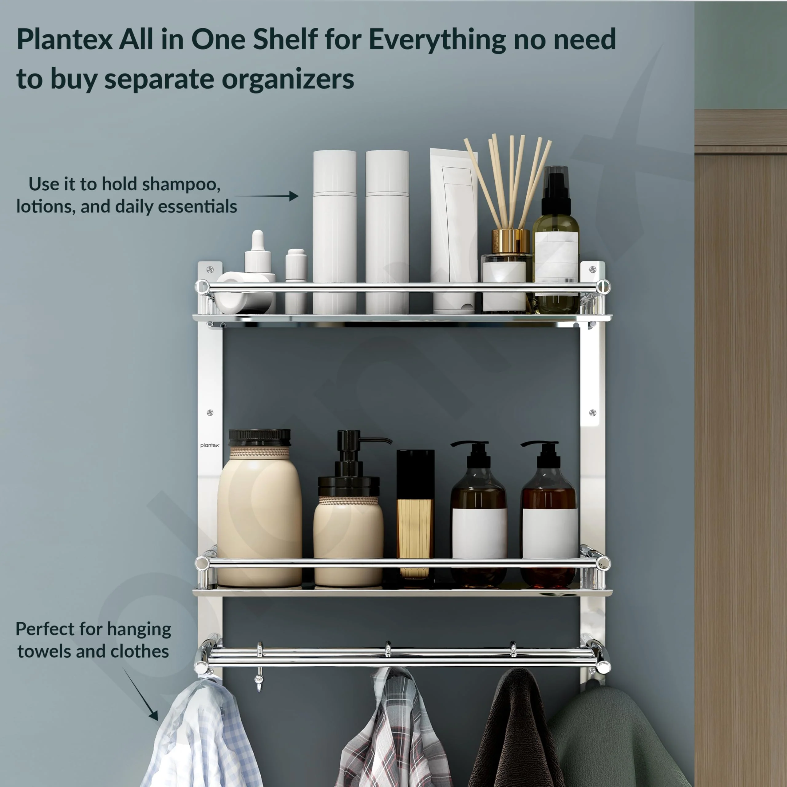 Plantex Stainless Steel Bathroom Organizer/Multipurpose 3 Tier Bathroom Shelf with Towel Hanger and Hooks/Shelf for Washroom - Image 5