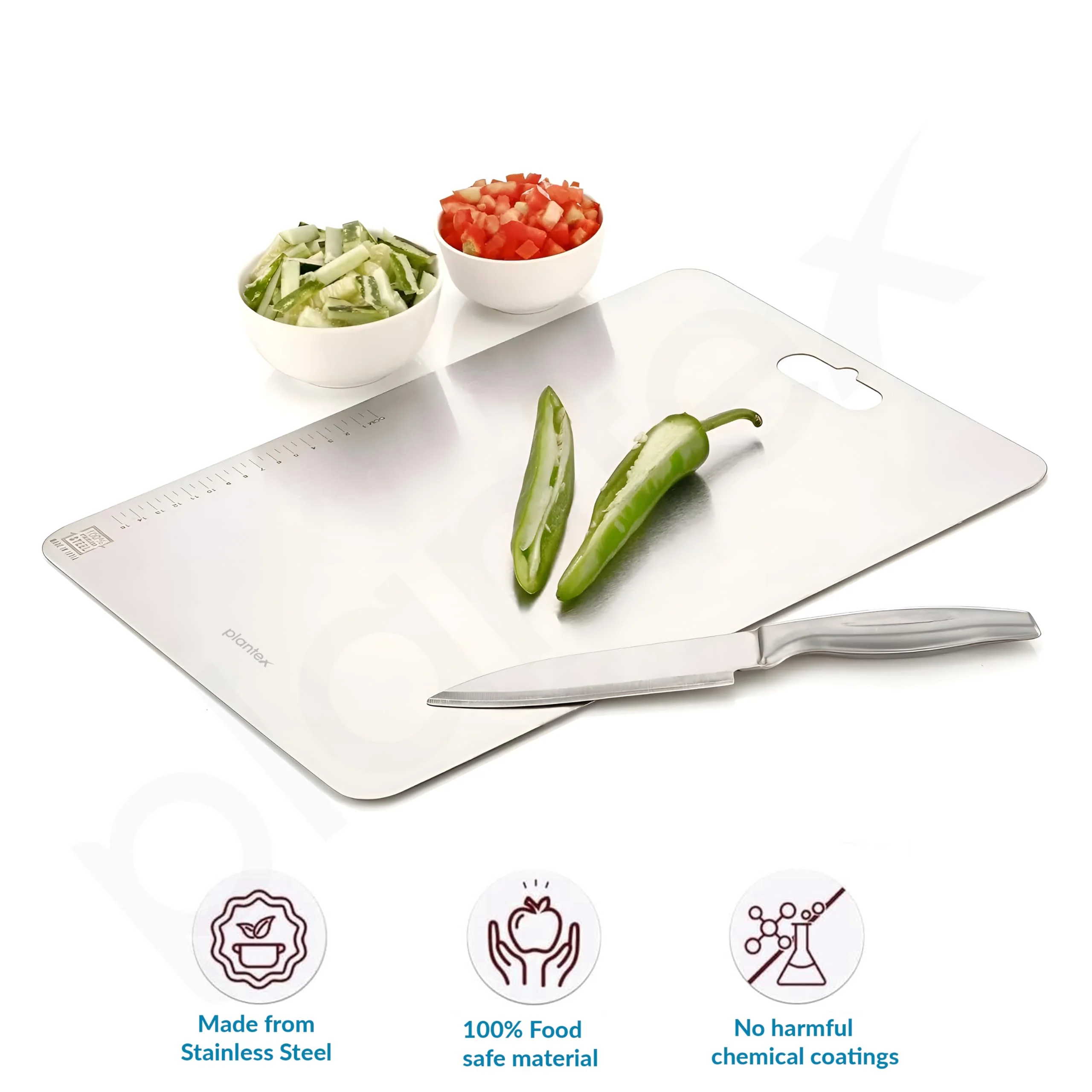 Plantex Stainless Steel Chopping Board for Kitchen Use/Rust-Proof Vegetable Cutting Board with Hygenic Surface (Chrome, Pack of 1, 31 x 20.5 cm) - Image 6