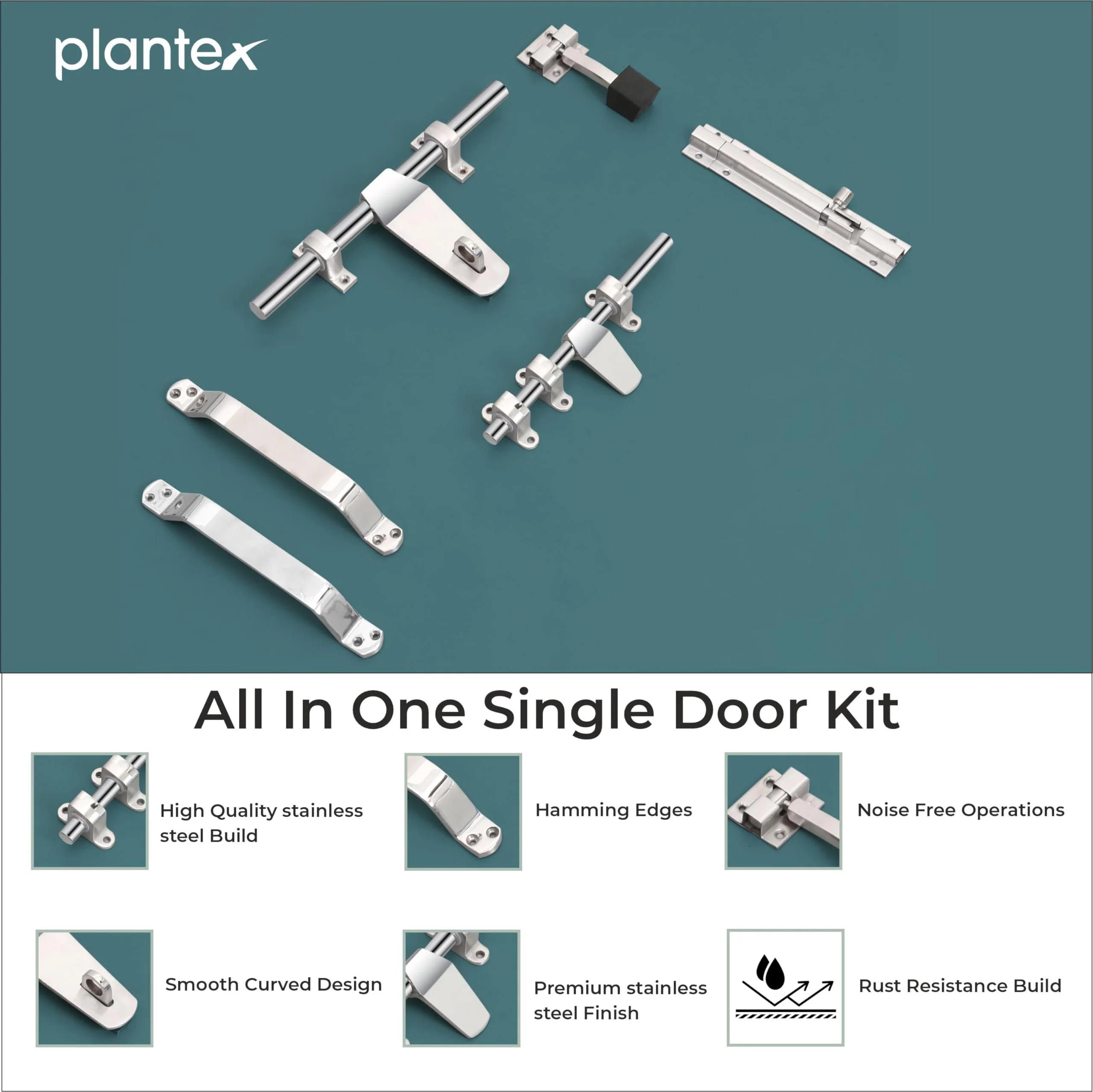 Plantex Stainless Steel Door Kit for Single Door/Door Hardware/Door Accessories (10 inch Al-Drop,8 inch Latch, 8 inch 2 Handles,7 inch Tower Bolt and 4 inch Door Stopper) - (DK-07-Combi) - Image 3