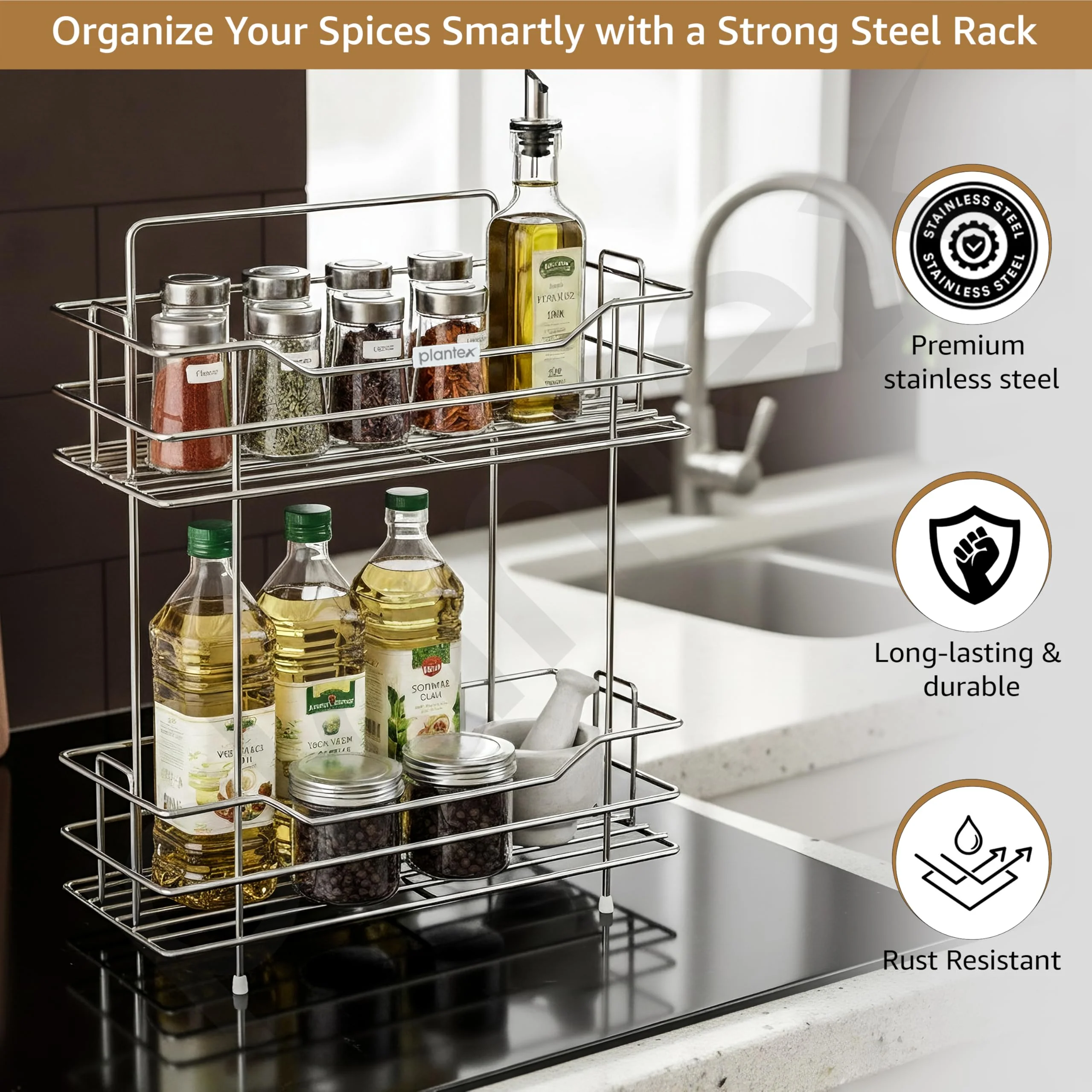 Plantex Stainless Steel Kitchen Rack Stand/2-Tier Spice Rack For Kitchen Storage/Multipurpose Masala Stand for Kitchen - Image 4