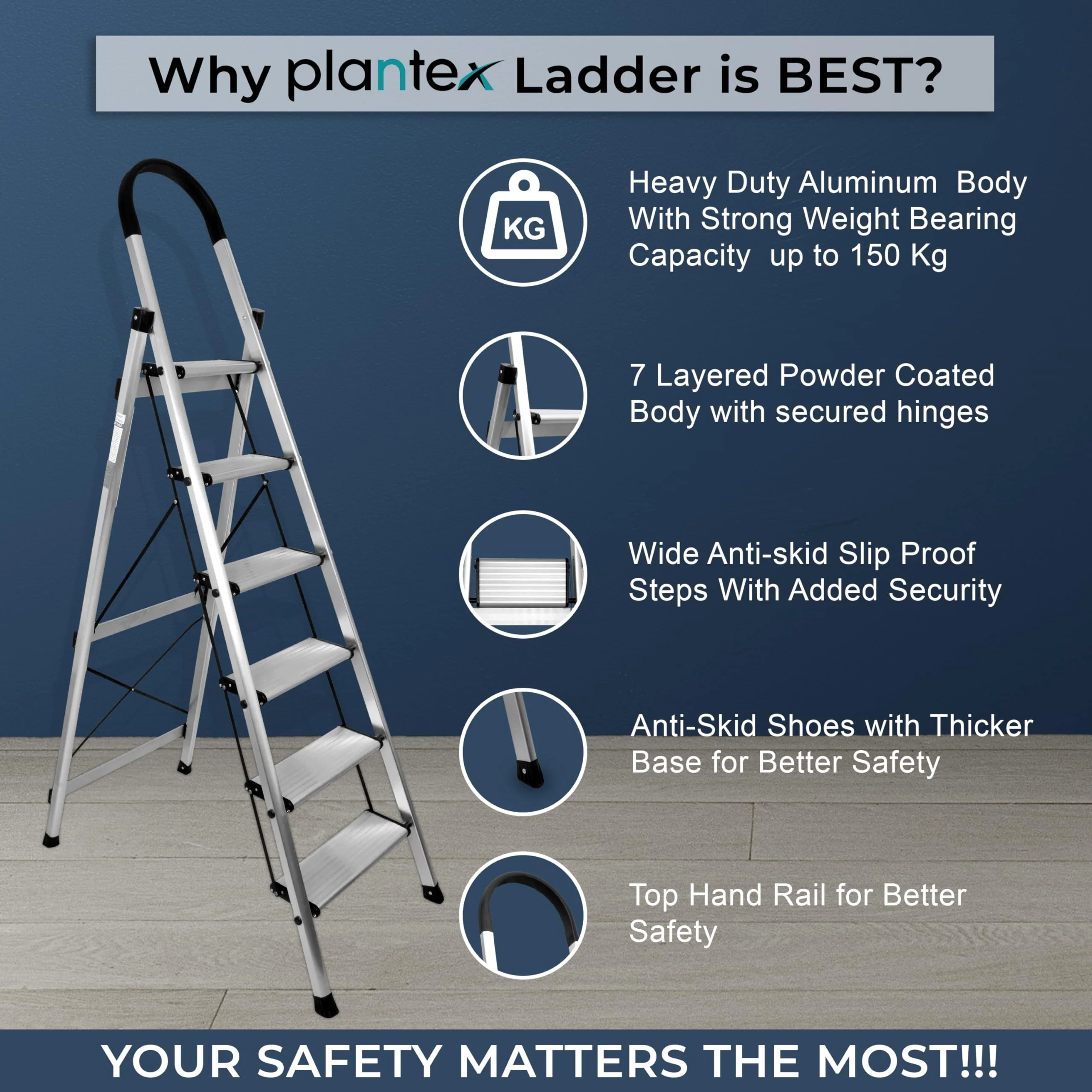 Plantex Surestep 6 Step Aluminum Ladder for Home/Non-Slip Wide Step Foldable Ladder for Home Use with Knee Guard, PVC Shoes and Cross Bars (Anodize-Silver) - Image 5