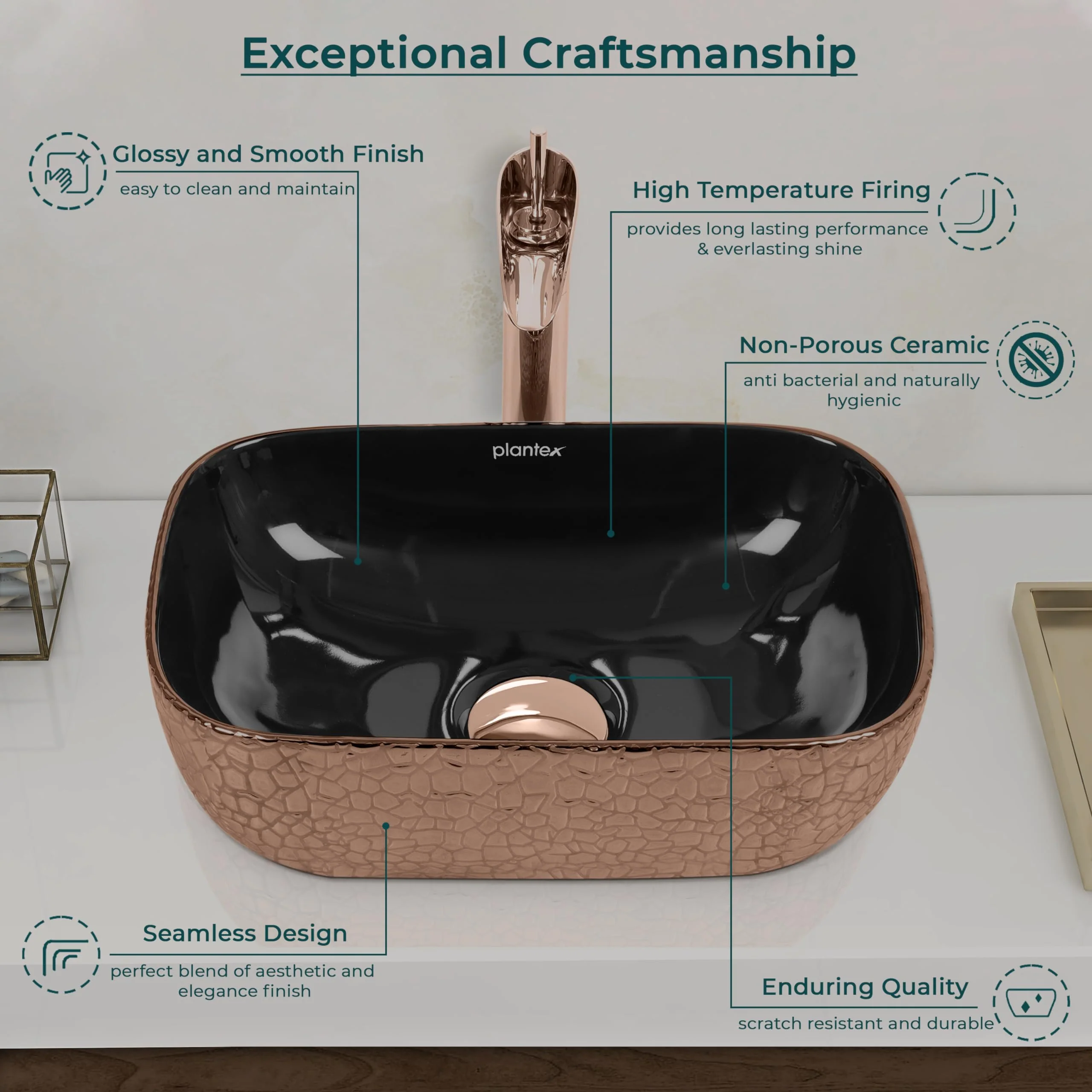 Plantex Table Top Wash Basin For Bathroom/Designer Ceramic Basin/Countertop Vessel Sink Basin - Indo-European Collection (14 x 10 x 5 Inch) - Image 3