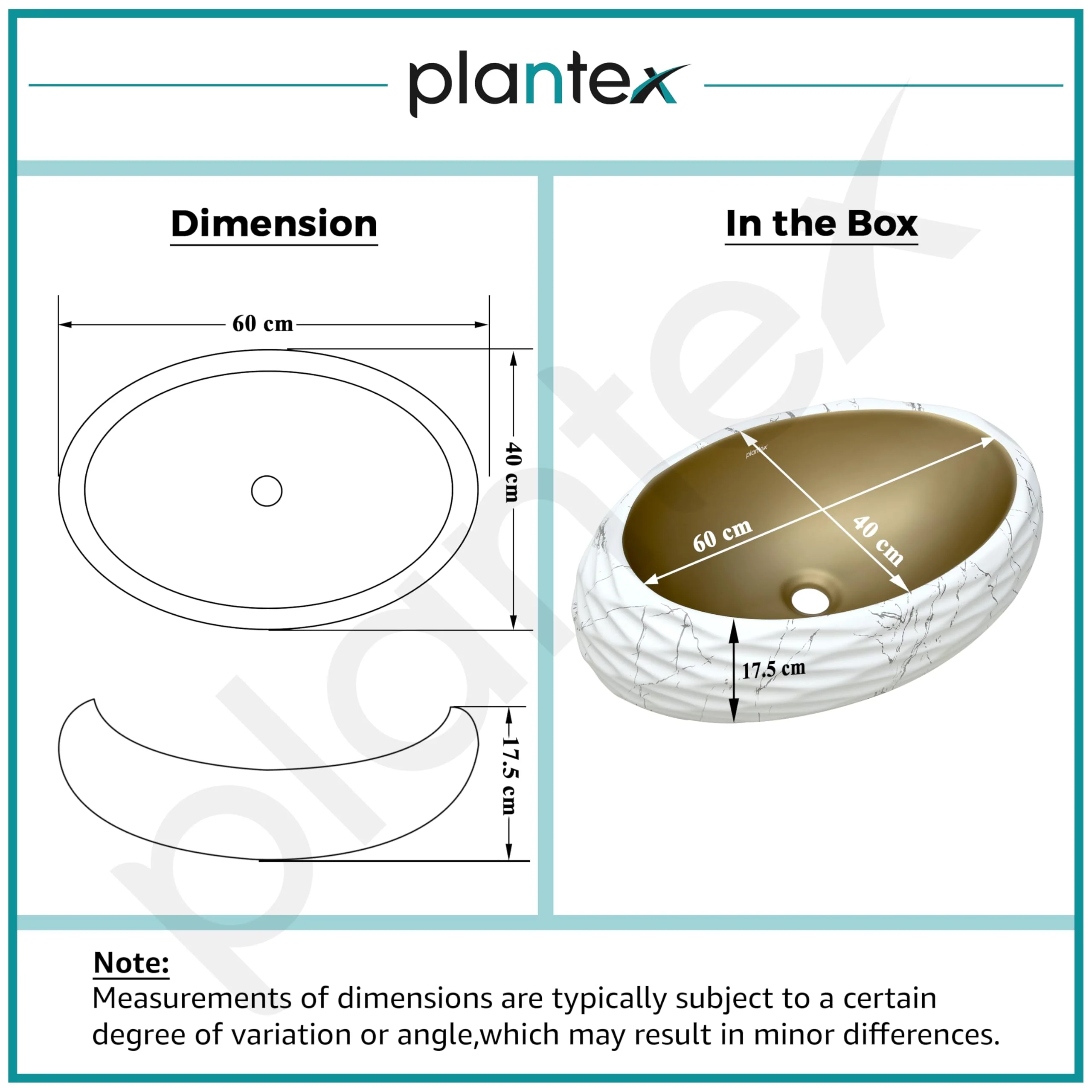 Plantex Table Top Wash Basin For Bathroom/Designer Ceramic Basin/Countertop Vessel Sink Basin - Indo-European Collection (White & Gold - 24 x 16 x 7 Inch) - Image 3