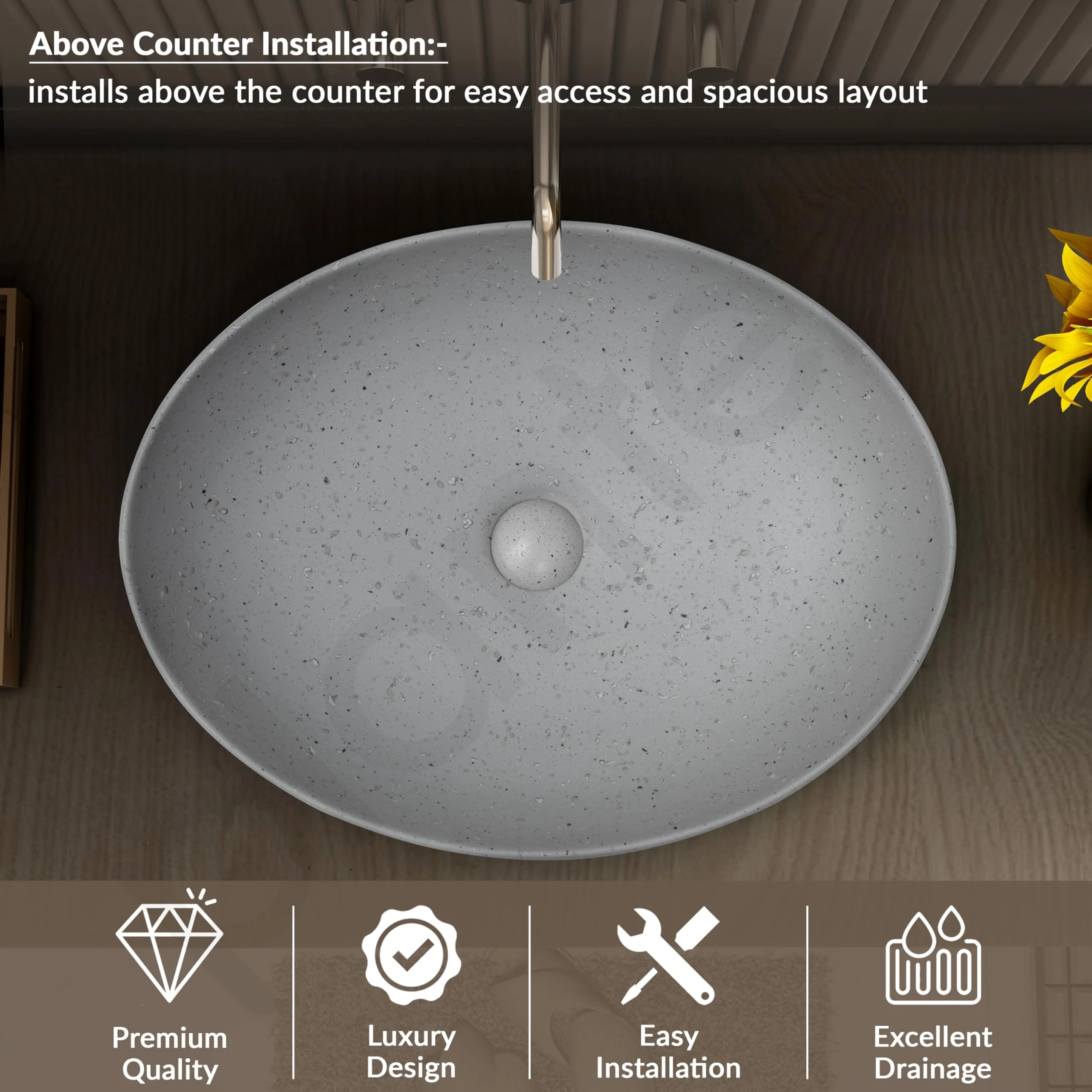 Plantex Table Top Wash Basin for Bathroom/Designer Ceramic Basin/Countertop Vessel Sink Basin/Wash Basin Over Counter for Home/Office (Light Grey - 20 x 15.5 x 5 Inch) - Image 5