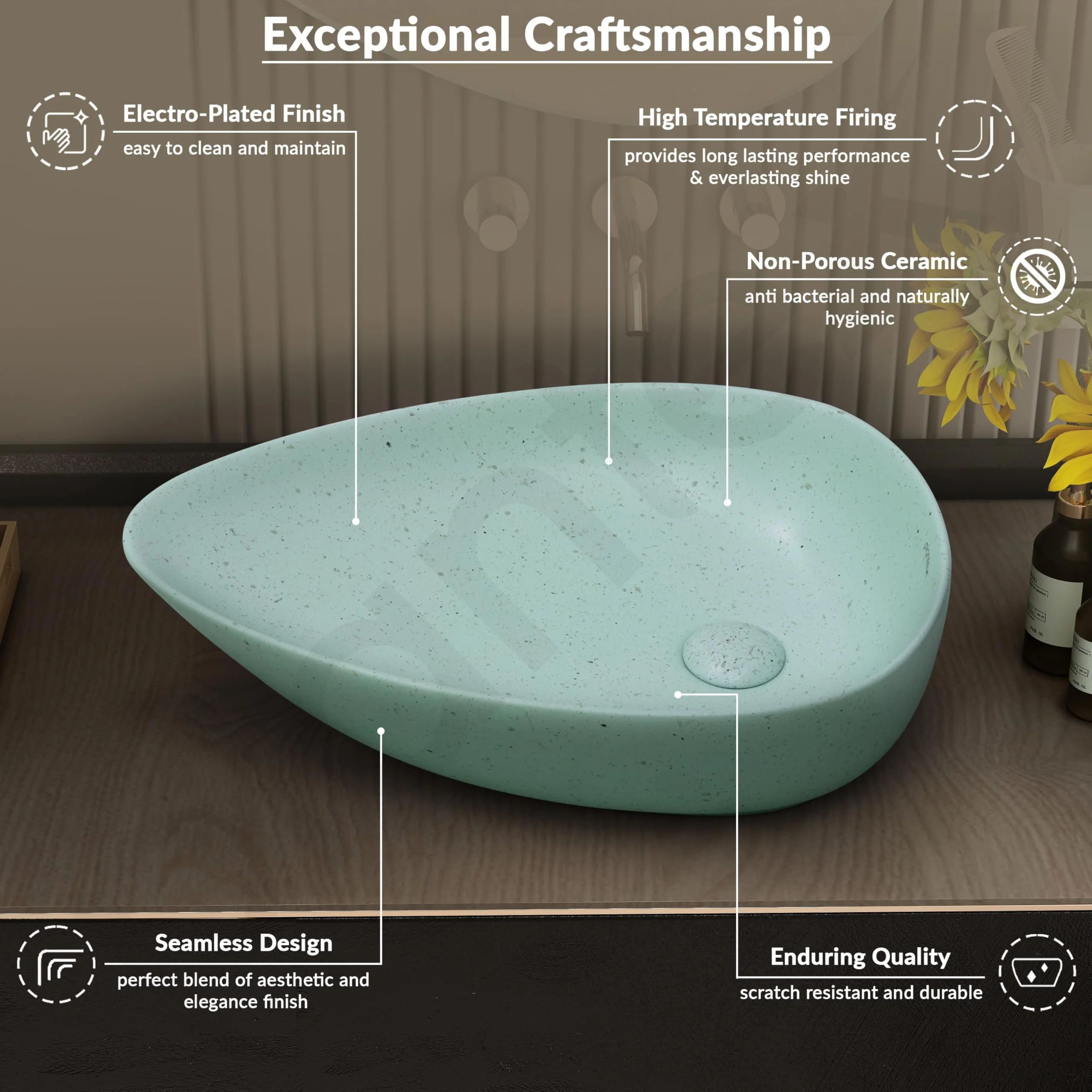 Plantex Table Top Wash Basin for Bathroom/Designer Ceramic Basin/Oval Countertop Vessel Sink Basin for Home/Office (Pistachio Green - 22 x 15 x 5 Inch) - Image 4