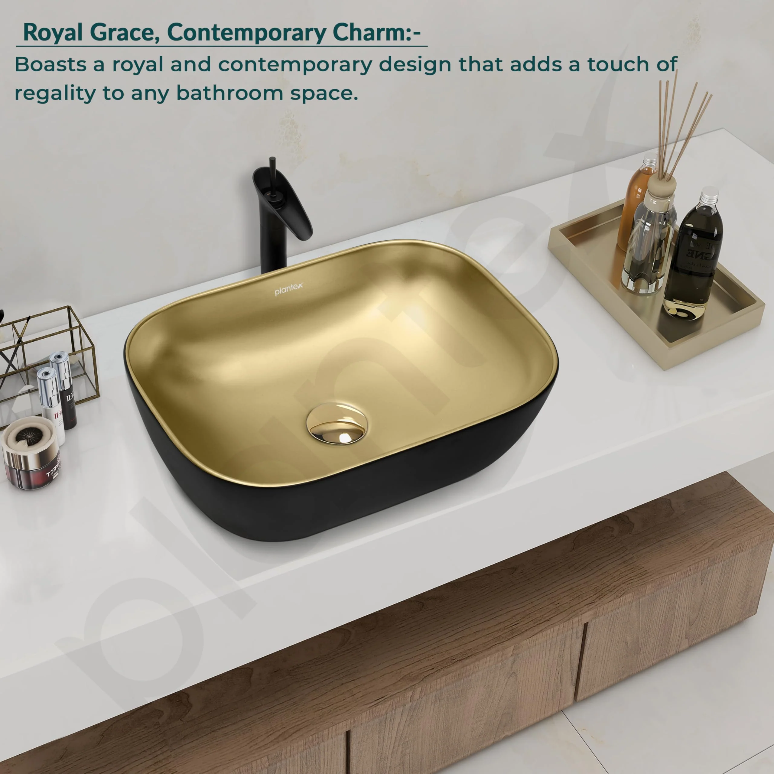 Plantex Table Top Wash Basin for Bathroom/Rectangle Ceramic Basin/Countertop Vessel Sink Basin for Home/Office/Hotel (Black & Gold - 18 x 13 x 5 Inch) - Image 2