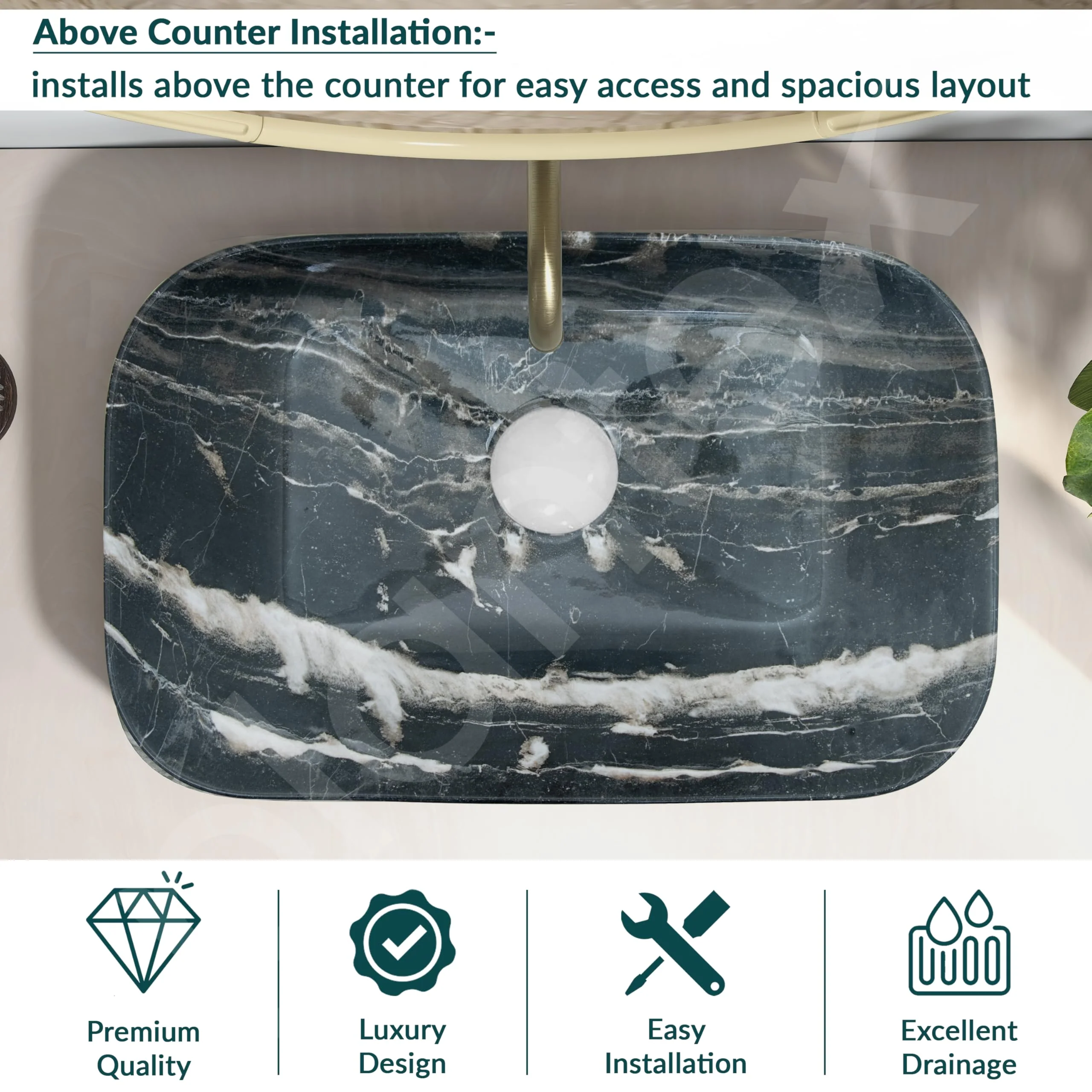 Plantex Tabletop Basin for Bathroom/Ceramic Marble Wash Basin/Rectangle Countertop Hand Washbasin for Home/Office (21.5x14x5 Inch - Marble Finish) - Image 5