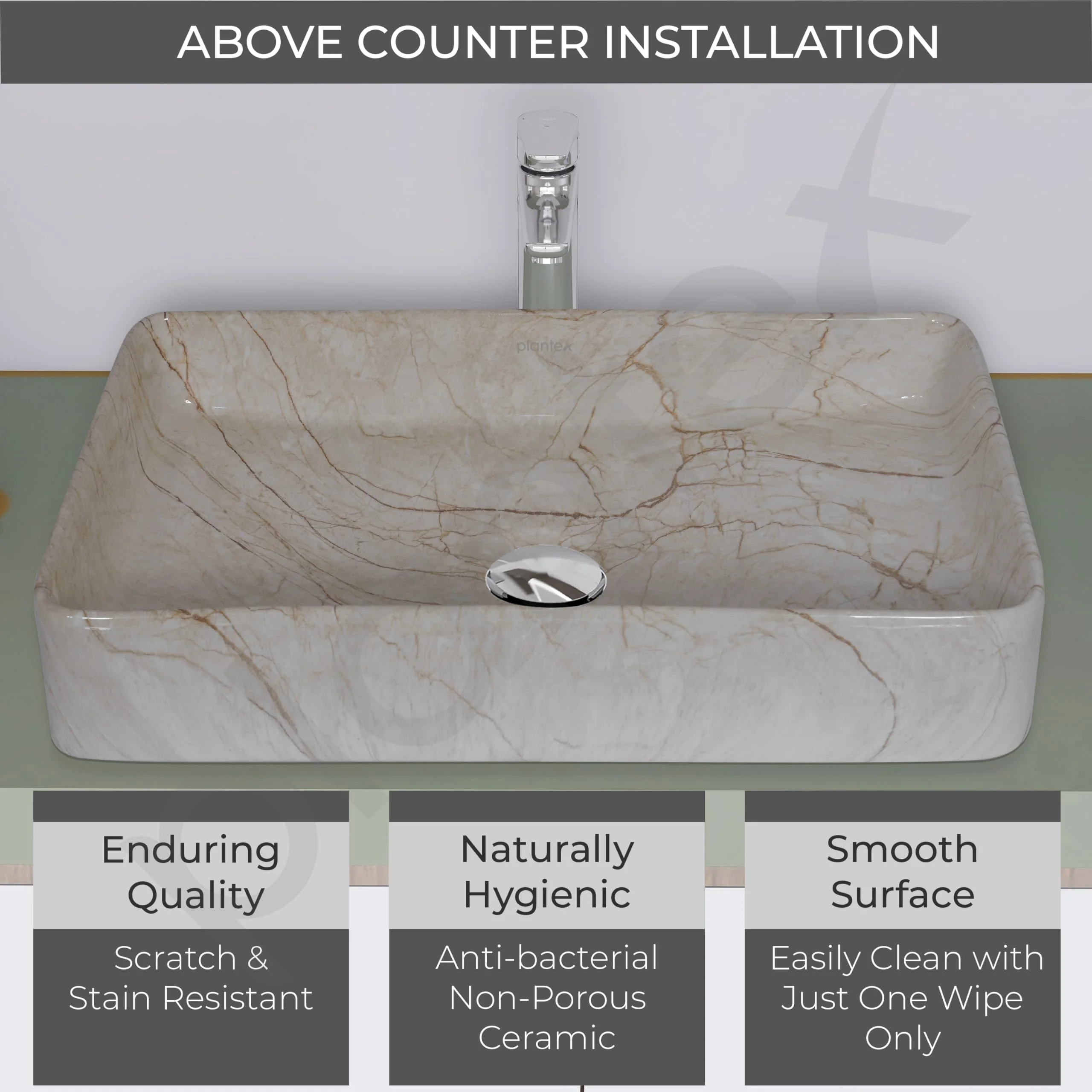 Plantex Tabletop Wash Basin/Bathroom Sink/Wash Basin Over Counter/Designer Ceramic Wash Basin for Bathroom (Marble Finish, 24 x 13 x 5 Inch) - Image 3
