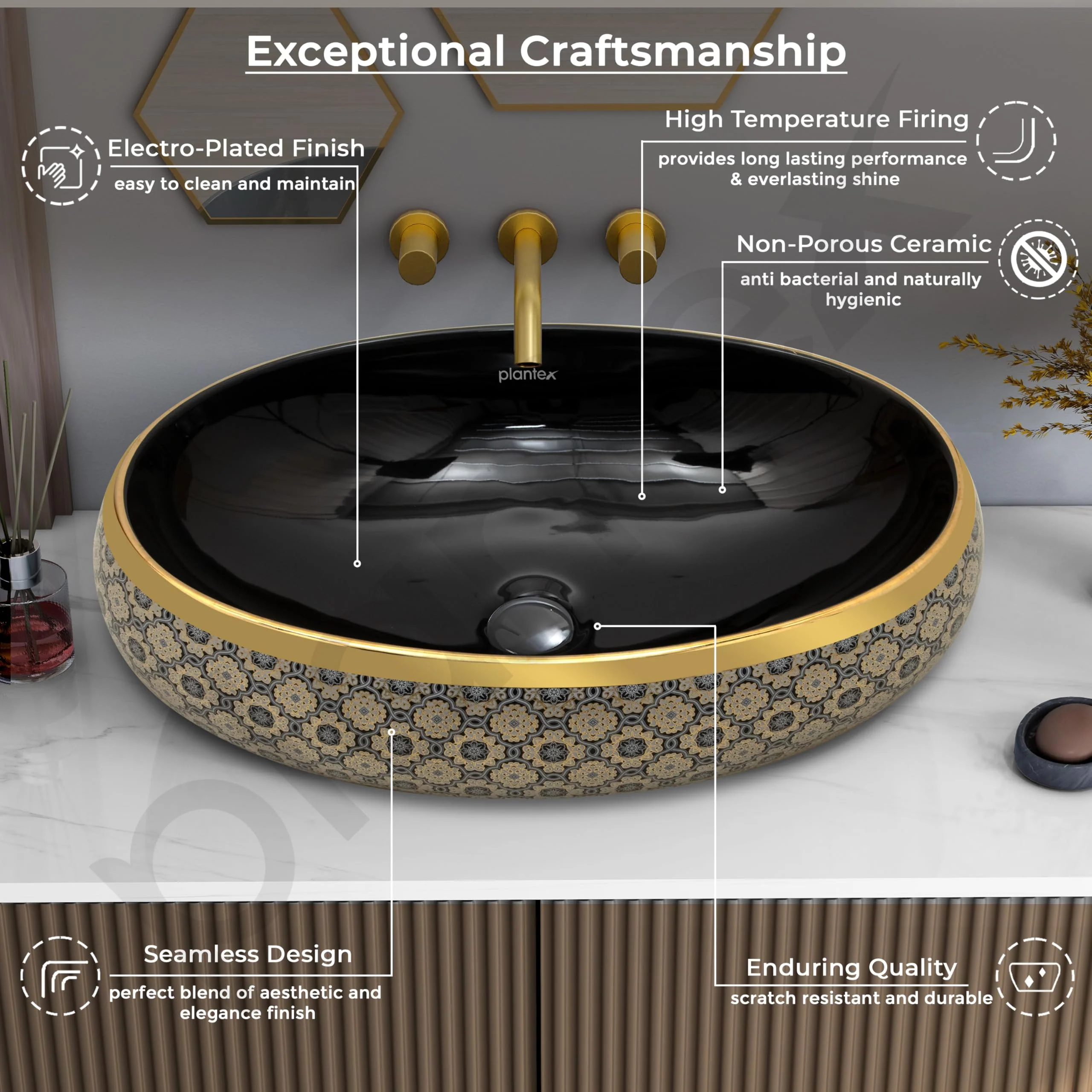 Plantex Tabletop Wash Basin for Bathroom/Designer Ceramic Basin/Countertop Vessel Sink Basin for Home/Hotel - (16019, Black & Gold) - Image 4