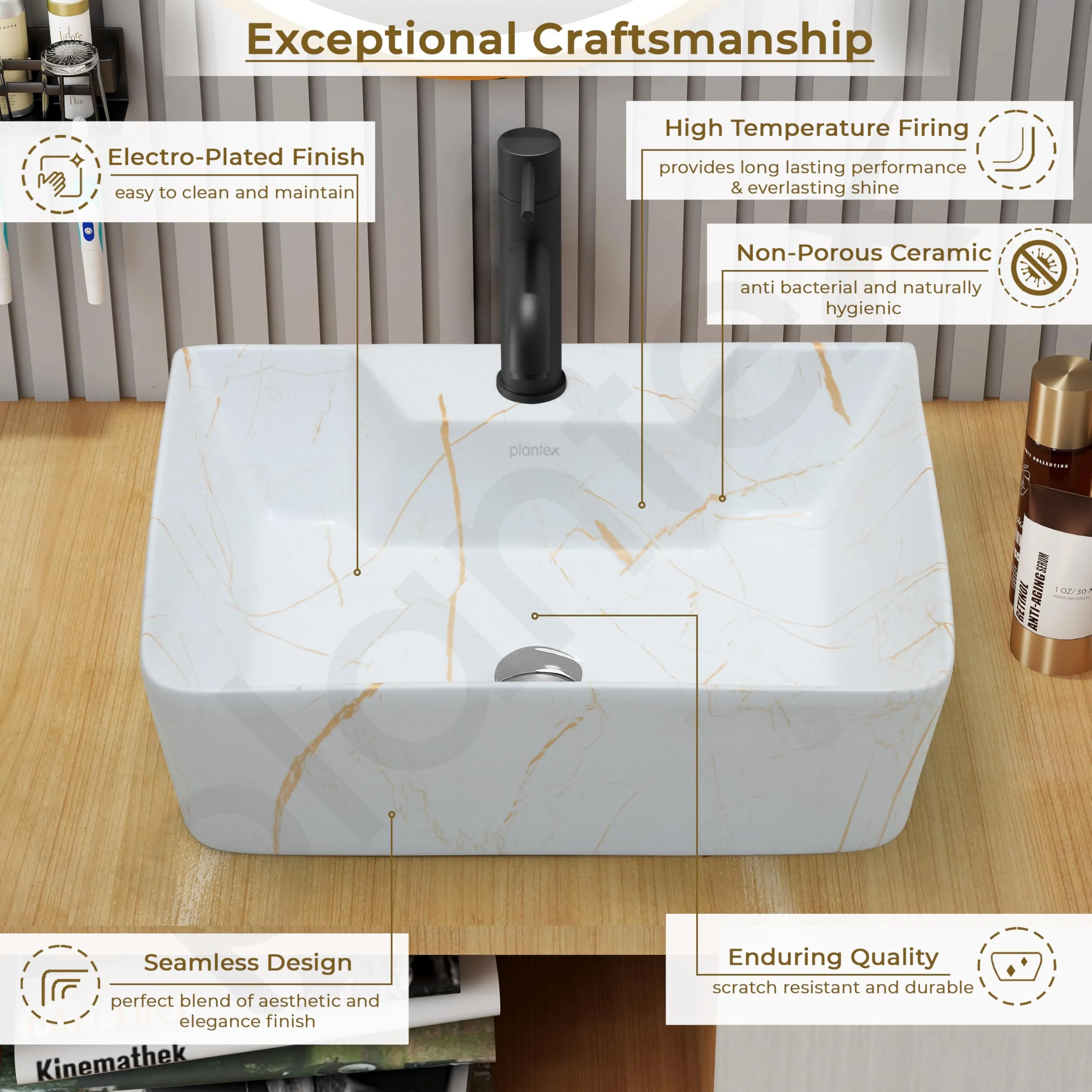 Plantex Tabletop Wash Basin for Bathroom/Designer Ceramic Basin/Rectangle Countertop Wash Basin/Home/Office (16 x 12 x 5 Inch) - Image 5