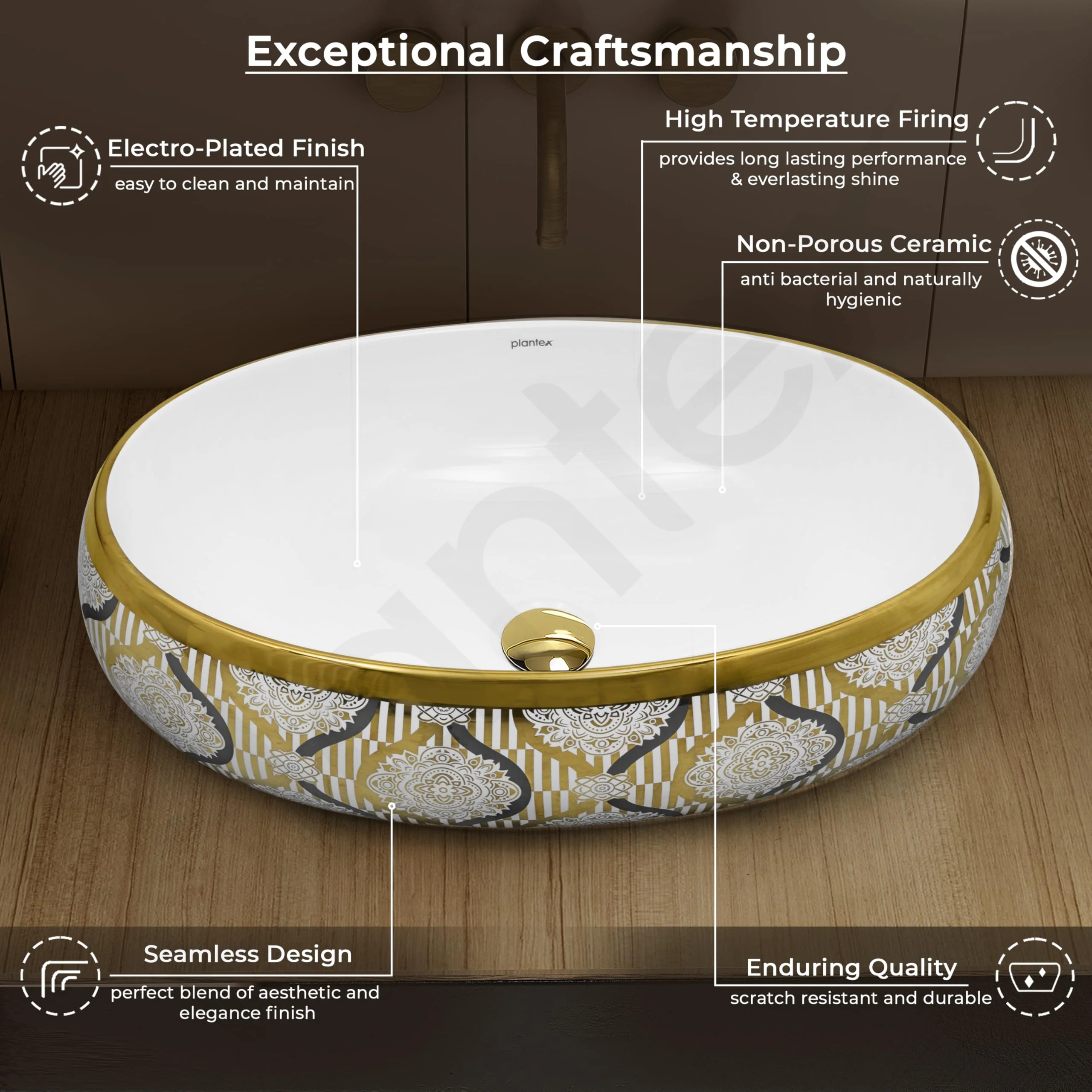 Plantex Tabletop Wash Basin for Bathroom/Designer Ceramic Basin/Vessel Sink Basin for Home/Office/Hotel (22 x 14.5 x 6 Inch - White & Gold) - Image 4