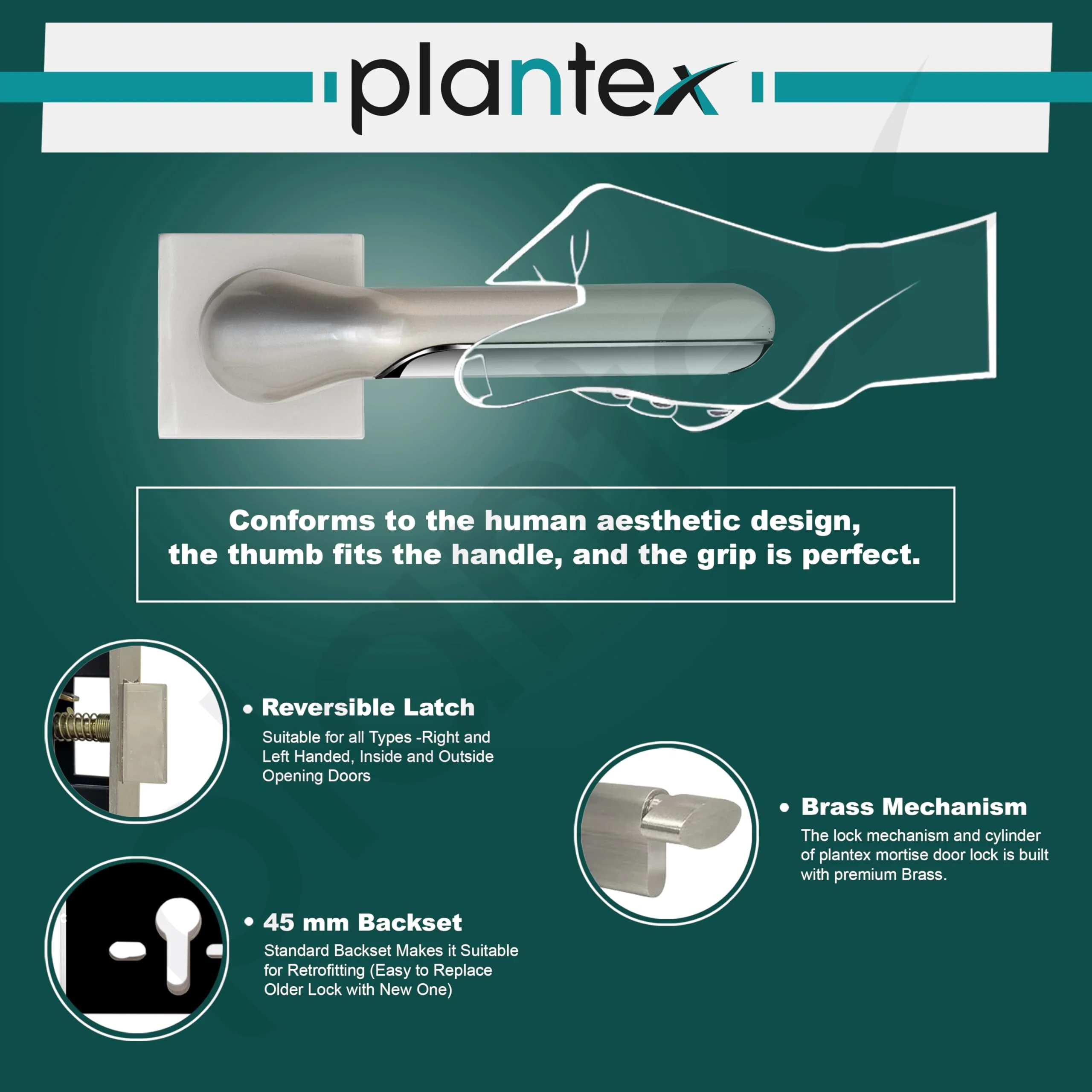 Plantex Triple Security Door Lock for Home/Main Door Lock Set with 3 Years of Warranty/Mortise Lock for Door with Brass Lock Body & Cylinder (7121, Satin White & Chrome) - Image 4