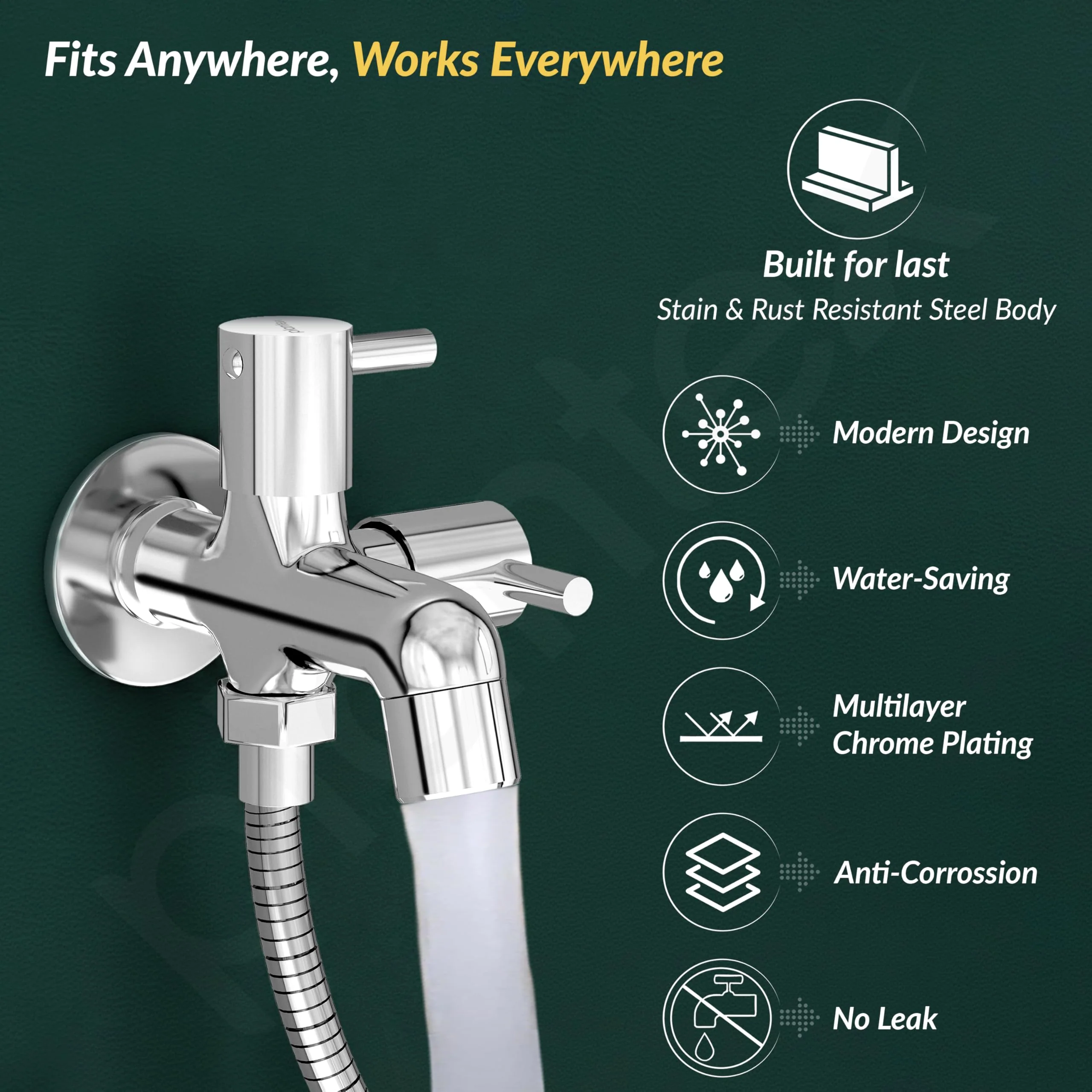 Plantex Two Way Bib Cock Tap with Water Saving Nozzle Attachment/Compatible for Washing Machine/2 in 1 Bib Tap with Wall Flange and Teflon Tape-(MKS-1275-Chrome) - Image 2