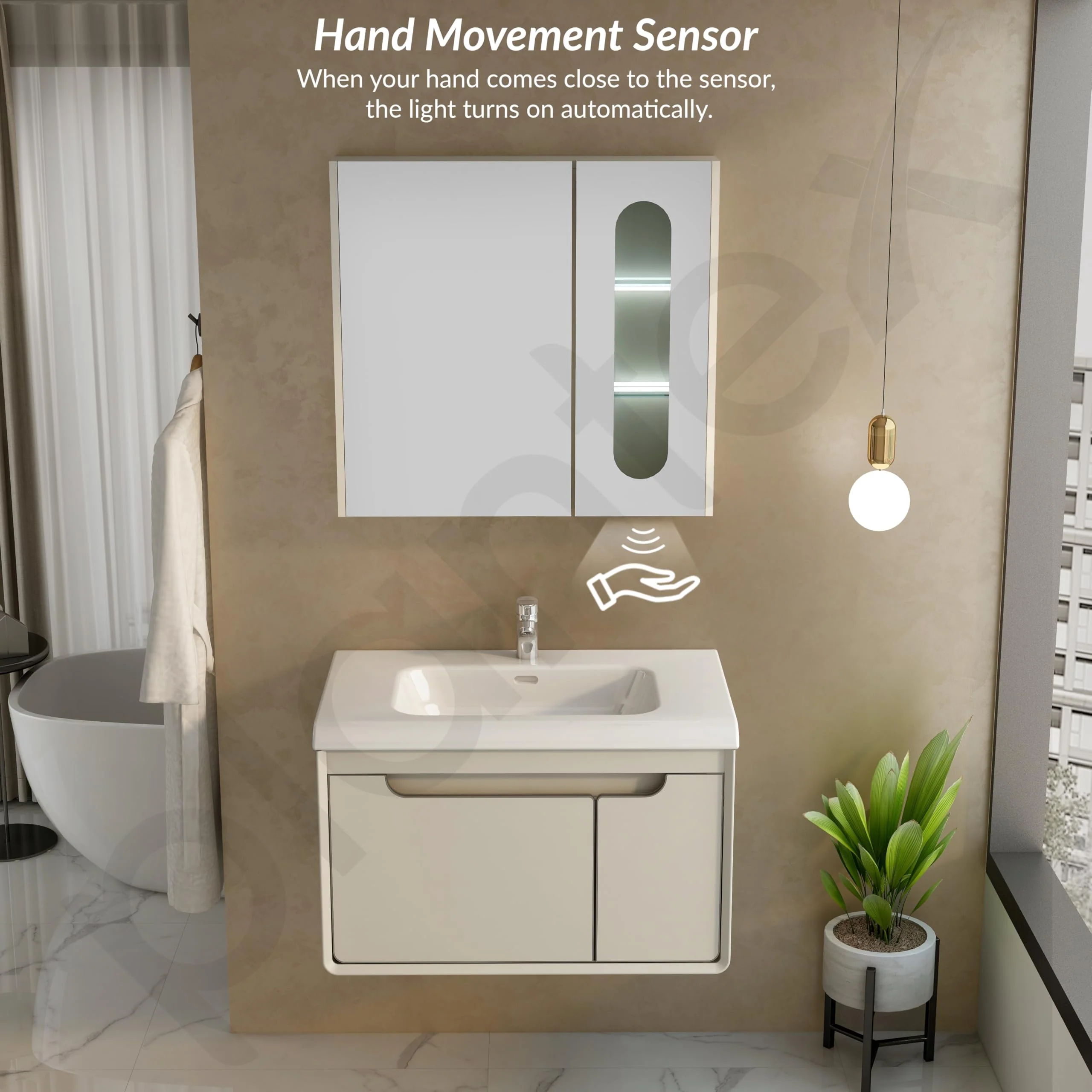 Plantex Unbreakable Wall Mount Wash Basin with Cabinet Full Set/Plywood Bathroom Vanity with Mirror, Coupling & Cabinet Motion Sensor Light (NZBC-35) - Image 7